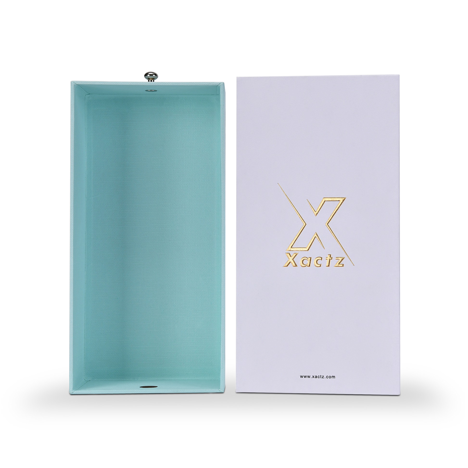Open mint blue inner drawer tray beside lavender-white Xactz sleeve, front-facing view on white background.