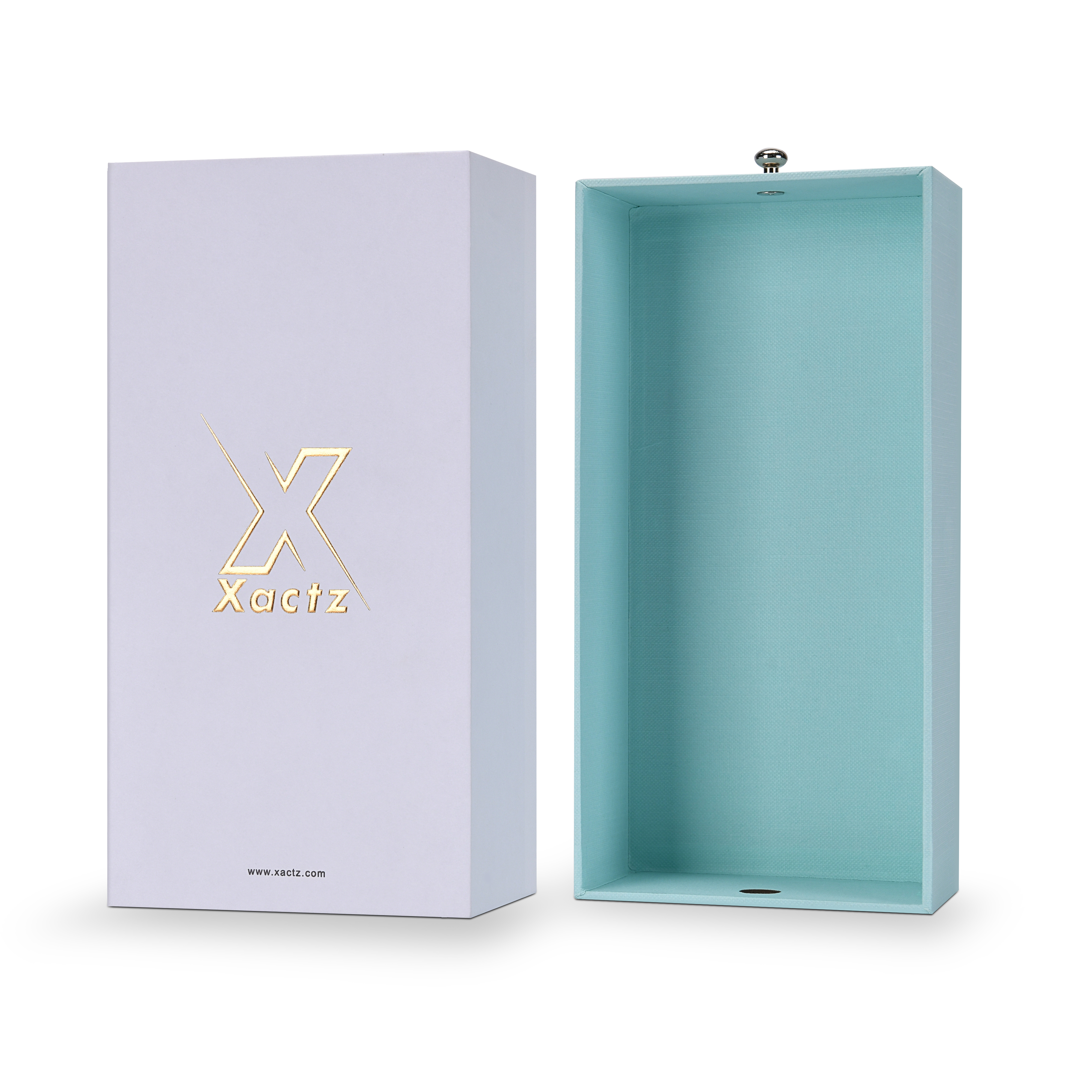 Xactz lavender-white drawer box beside fully open mint blue inner tray with silver pull knob, angled view.
