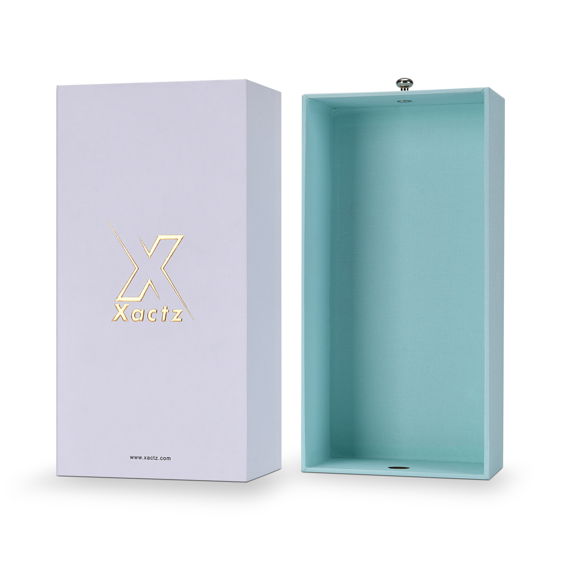 Xactz lavender-white drawer box beside fully open mint blue inner tray with silver pull knob, angled view.