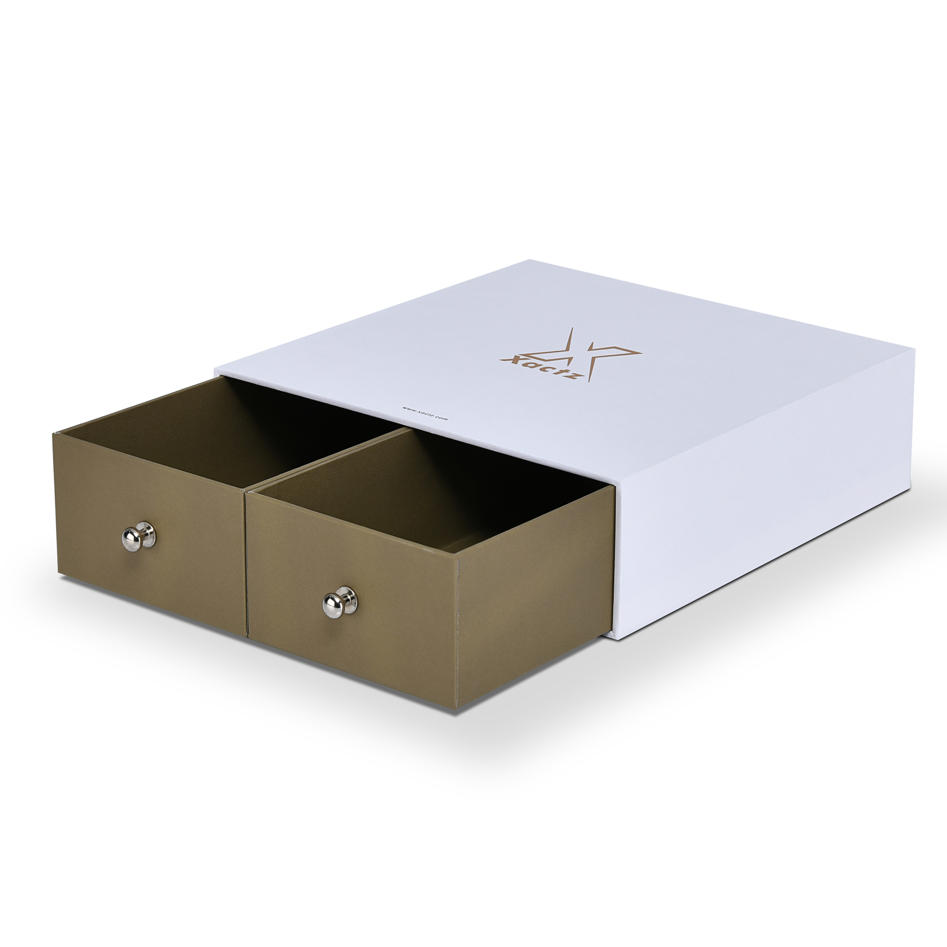 White Xactz rigid double-drawer box open at an angle showing two olive-tan inner trays with silver pull knobs.