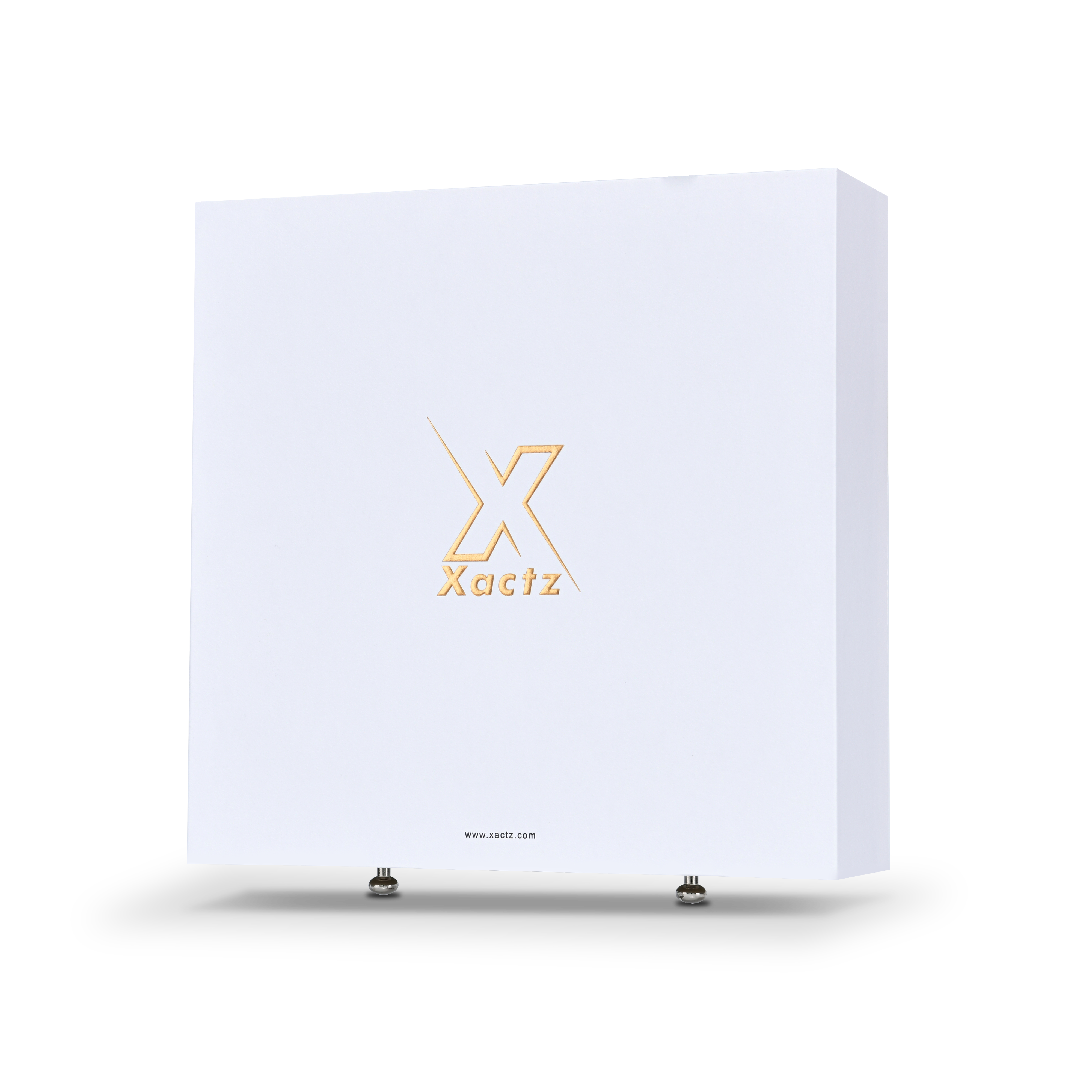 Large square white Xactz rigid drawer box with gold foil logo and two silver pull beads, three-quarter view.