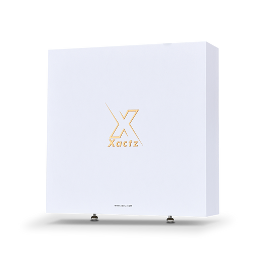 Large square white Xactz rigid drawer box with gold foil logo and two silver pull beads, three-quarter view.