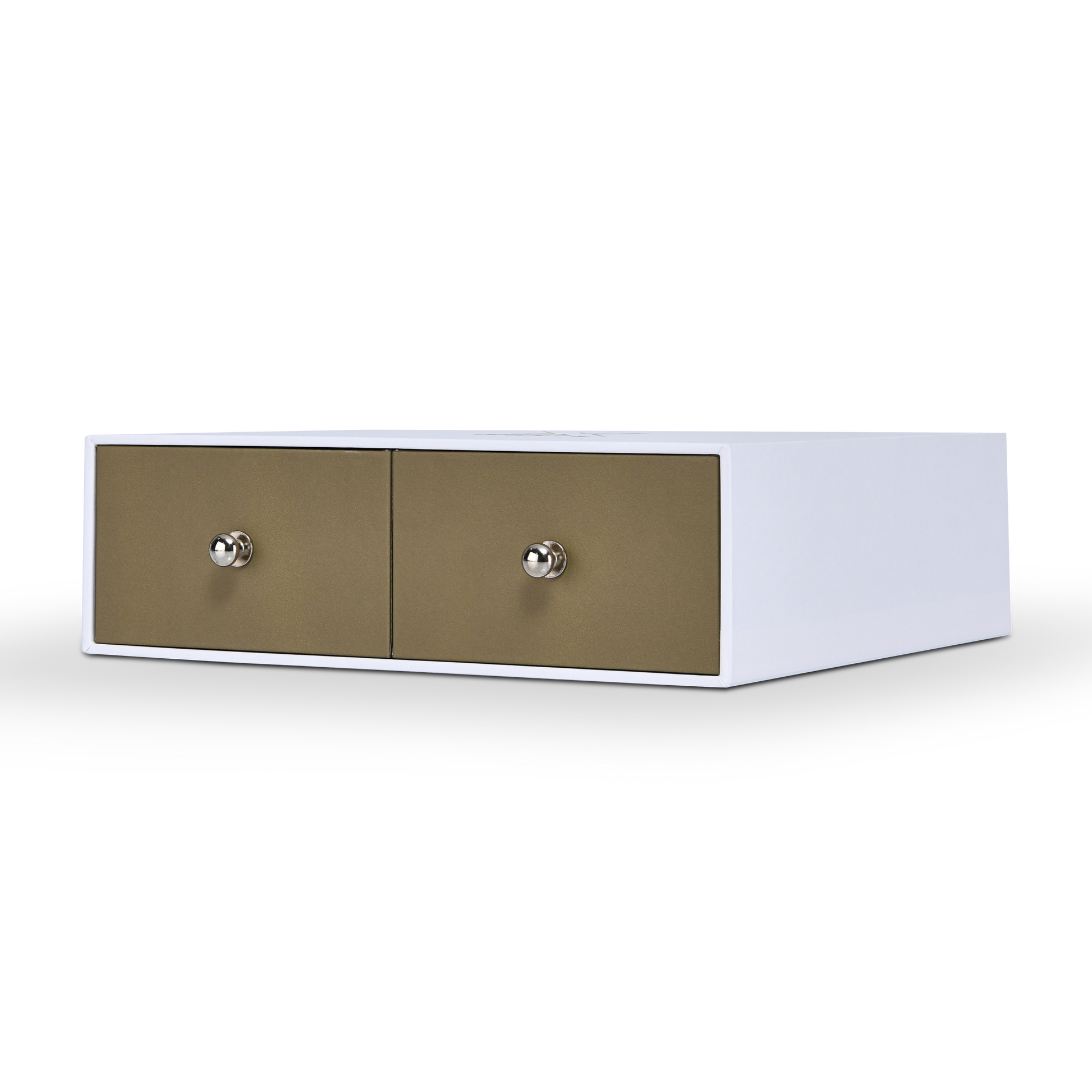Low-angle three-quarter view of white Xactz rigid drawer box with two olive-tan drawer faces and silver knobs.