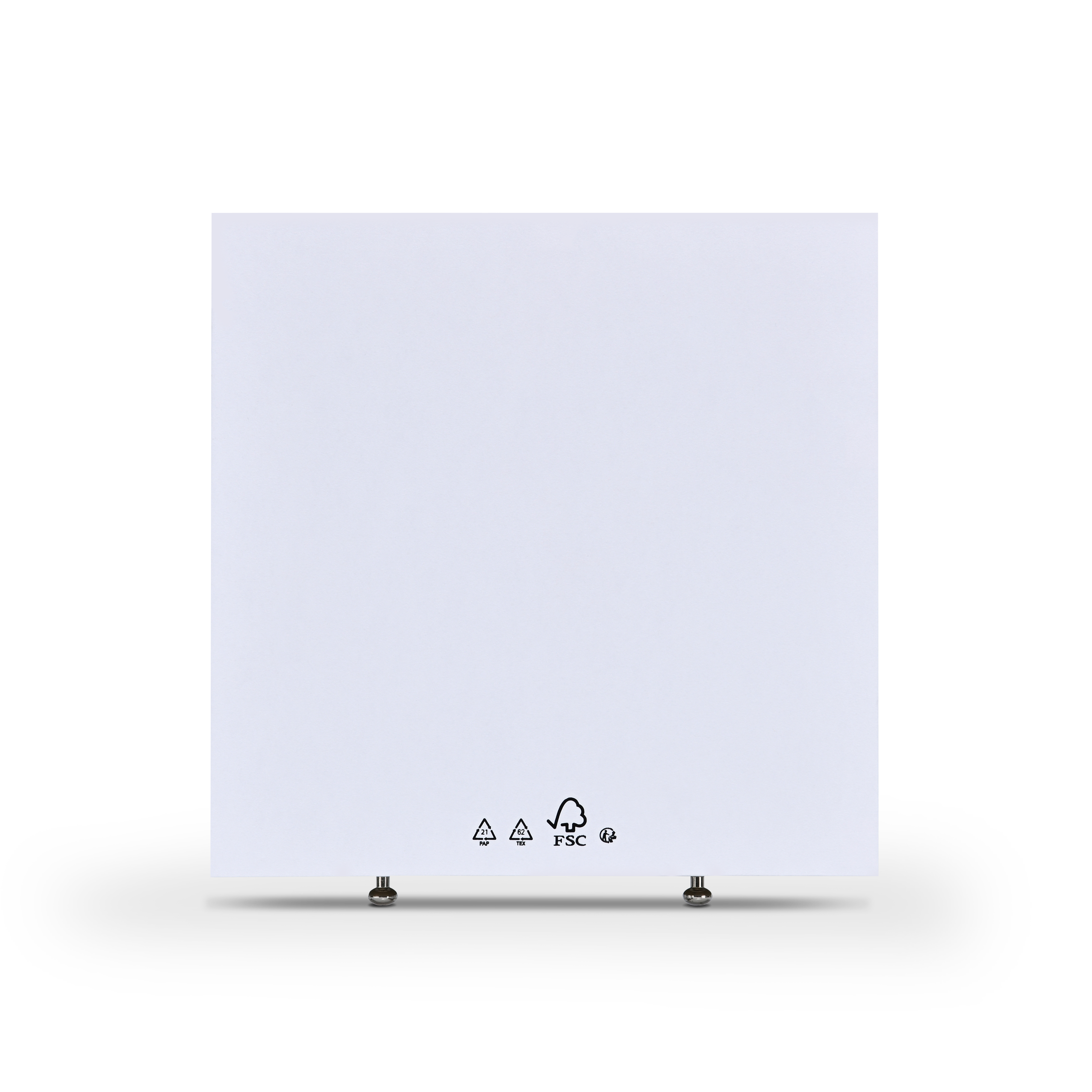Rear view of white Xactz drawer box showing PAP, TEX, FSC, and recycling symbols with two silver pull beads.