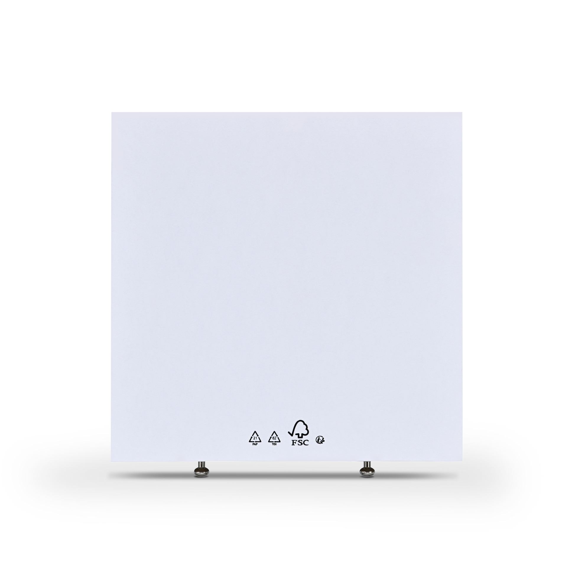 Rear view of white Xactz drawer box showing PAP, TEX, FSC, and recycling symbols with two silver pull beads.