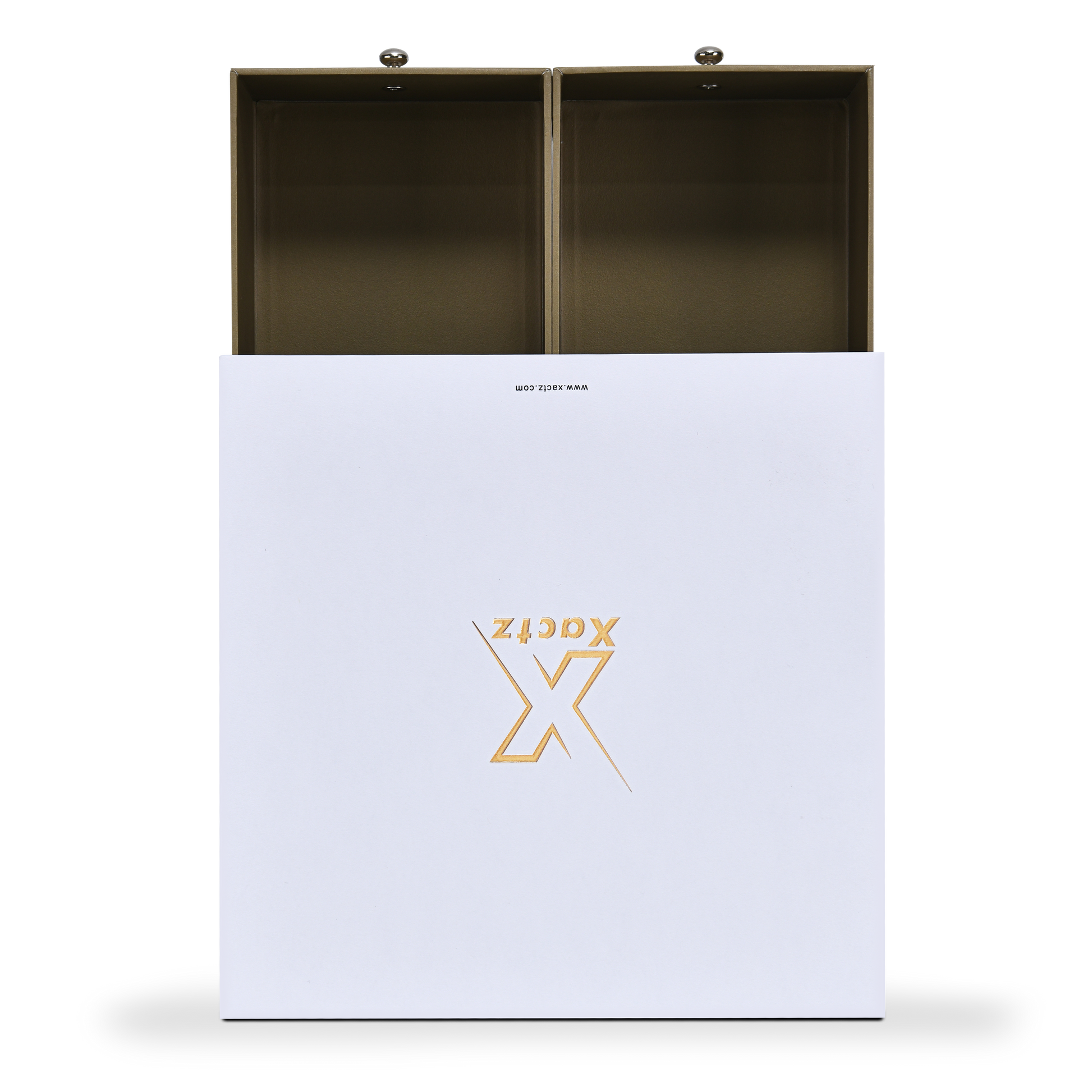 Front view of white Xactz drawer box with two olive-tan inner trays pulled upward out of the sleeve.