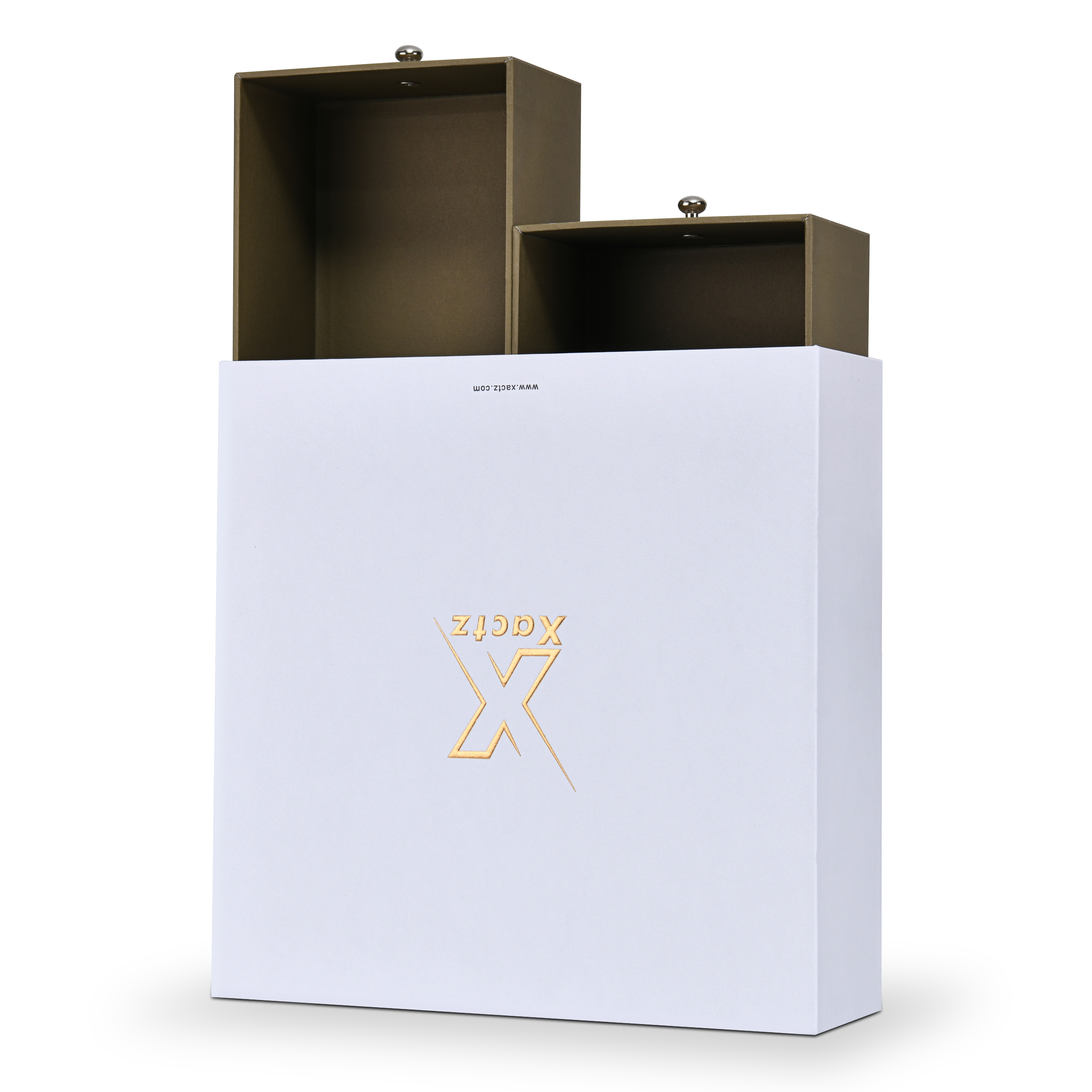 Angled view of white Xactz drawer box with two olive-tan inner trays pulled upward at different heights.