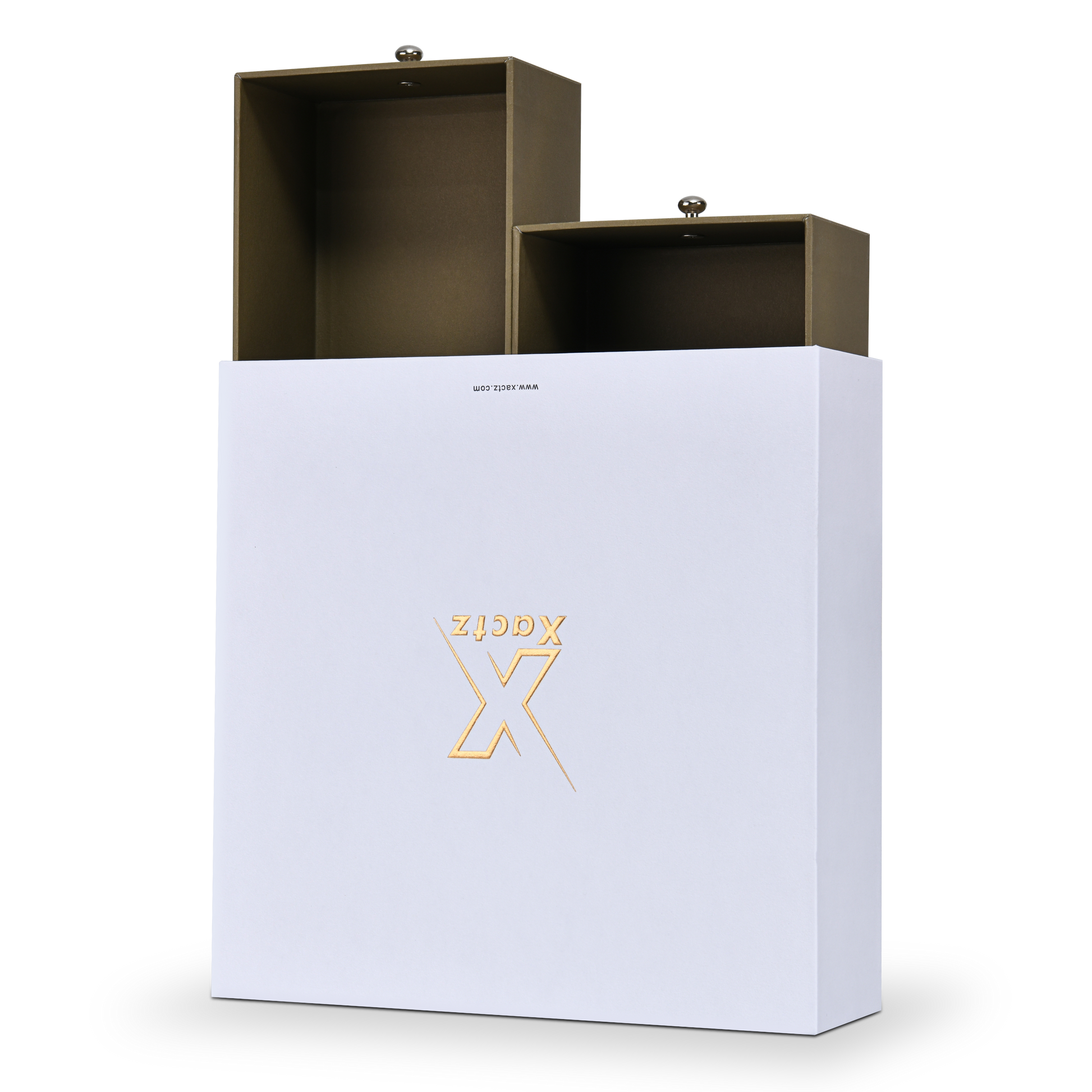 Angled view of white Xactz drawer box with two olive-tan inner trays pulled upward at different heights.
