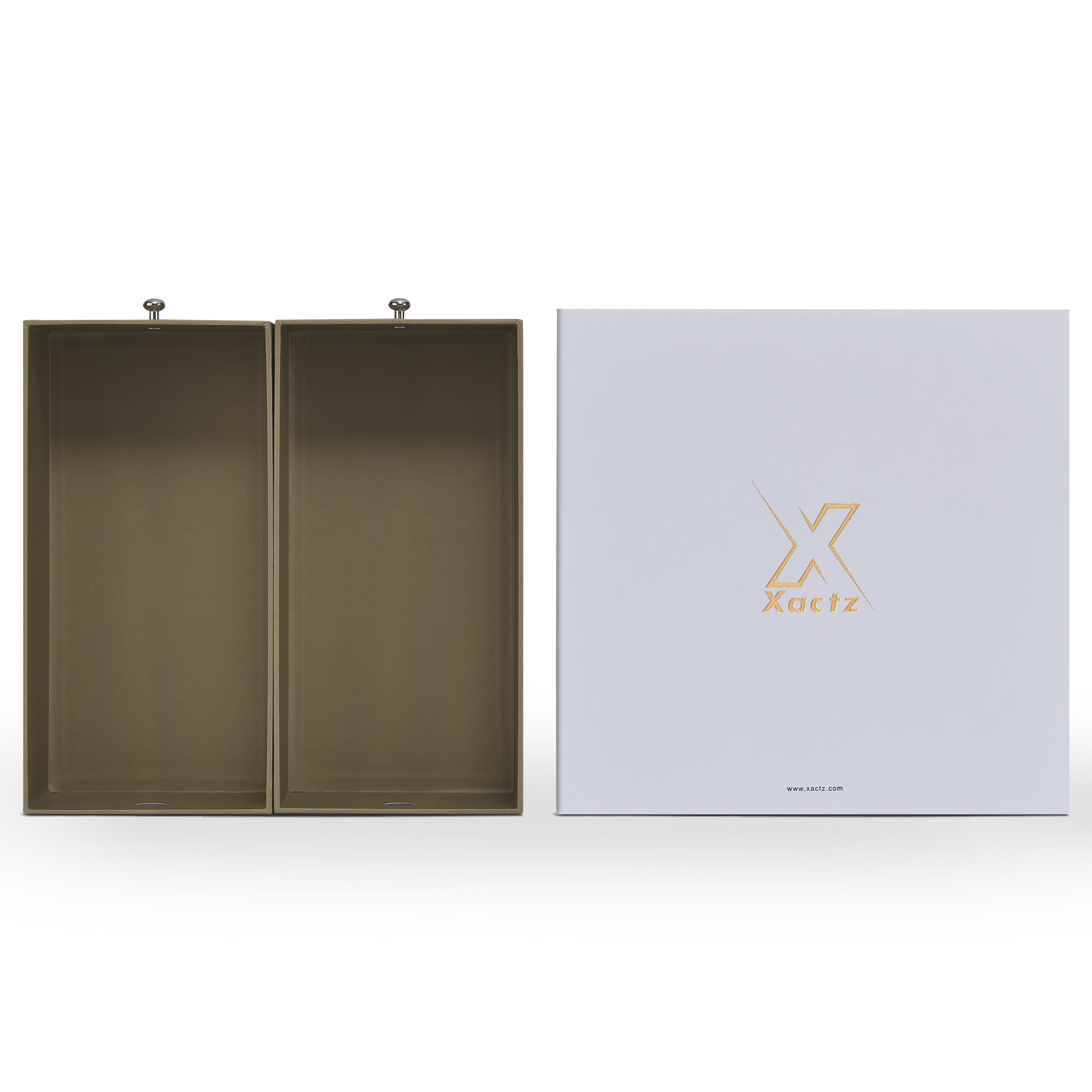 Two open olive-tan inner drawer trays beside white Xactz sleeve showing full interior depth, front view.