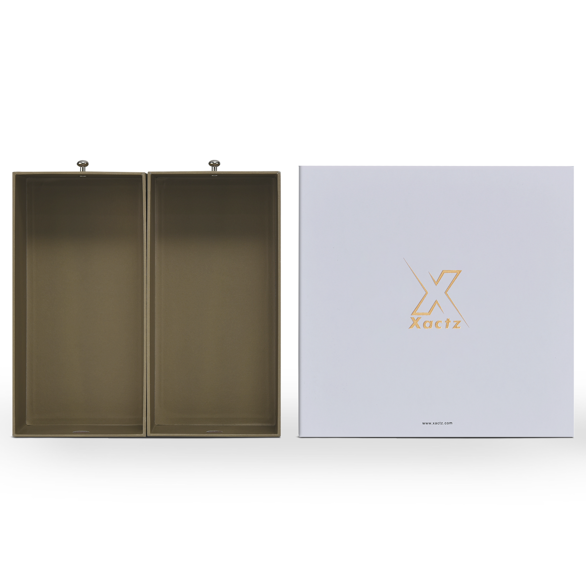 Two open olive-tan inner drawer trays beside white Xactz sleeve showing full interior depth, front view.