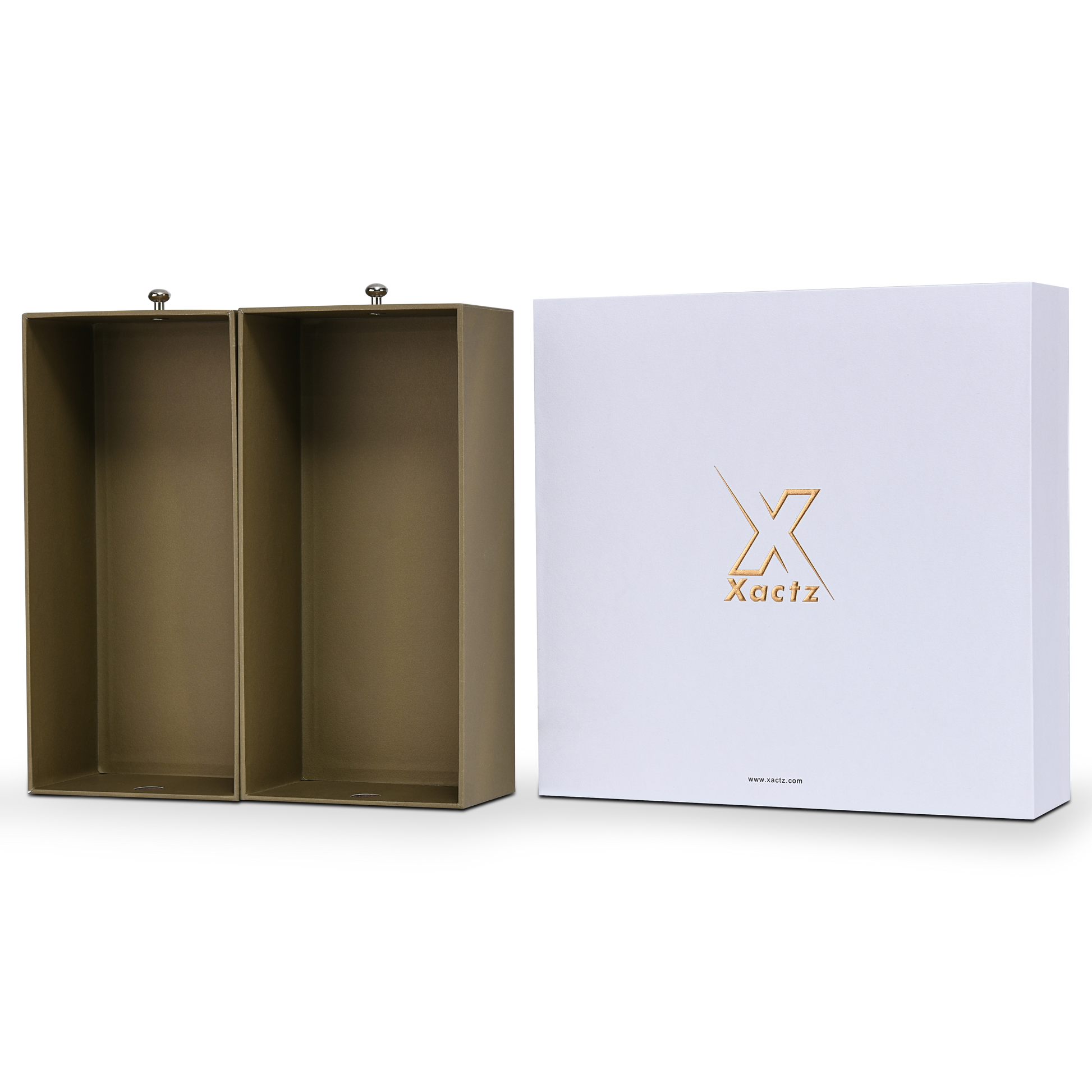 Two open olive-tan inner drawer trays beside white Xactz sleeve showing full interior depth, angled view.