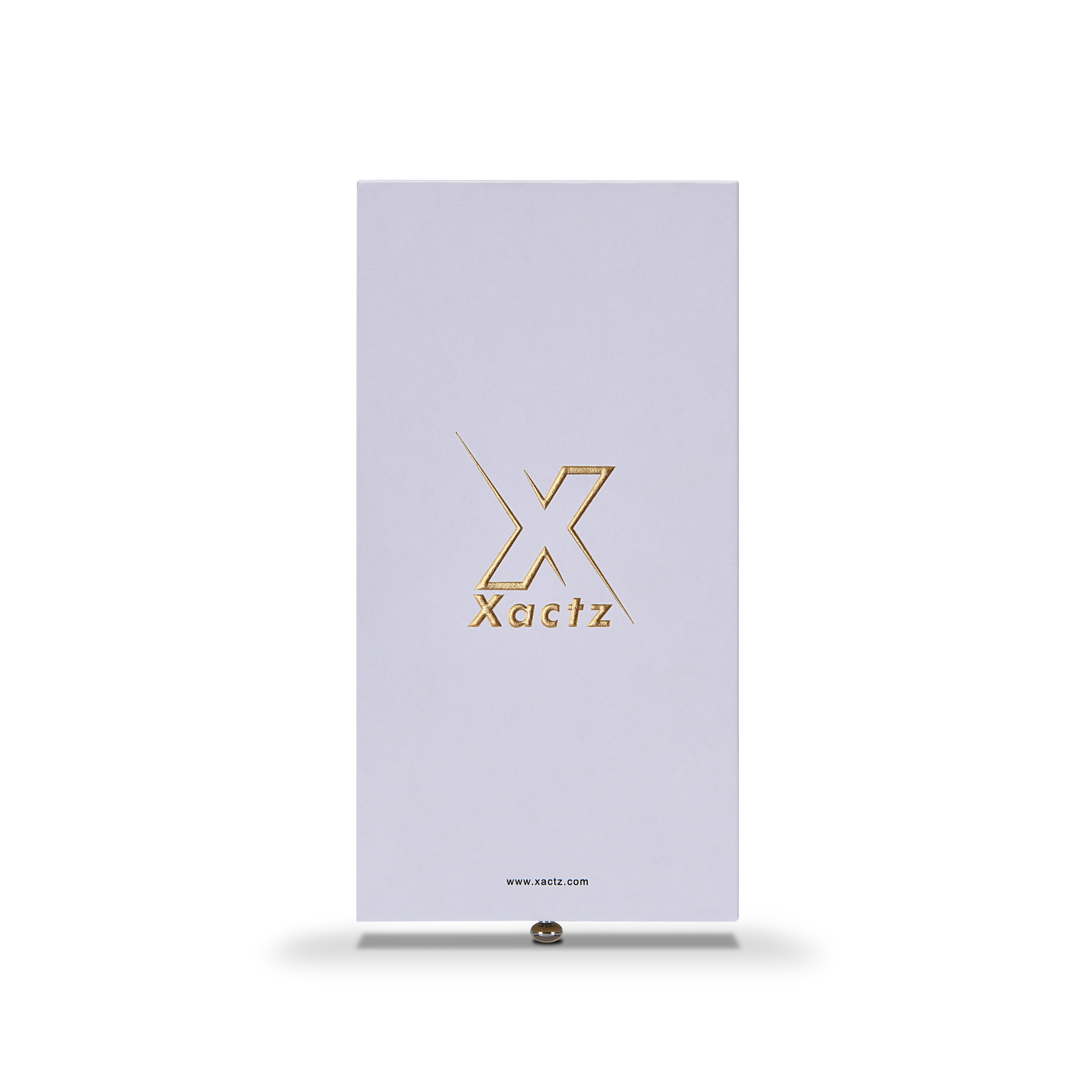 Front view of lavender-white Xactz rigid drawer box with gold foil logo and metal pull bead at base.