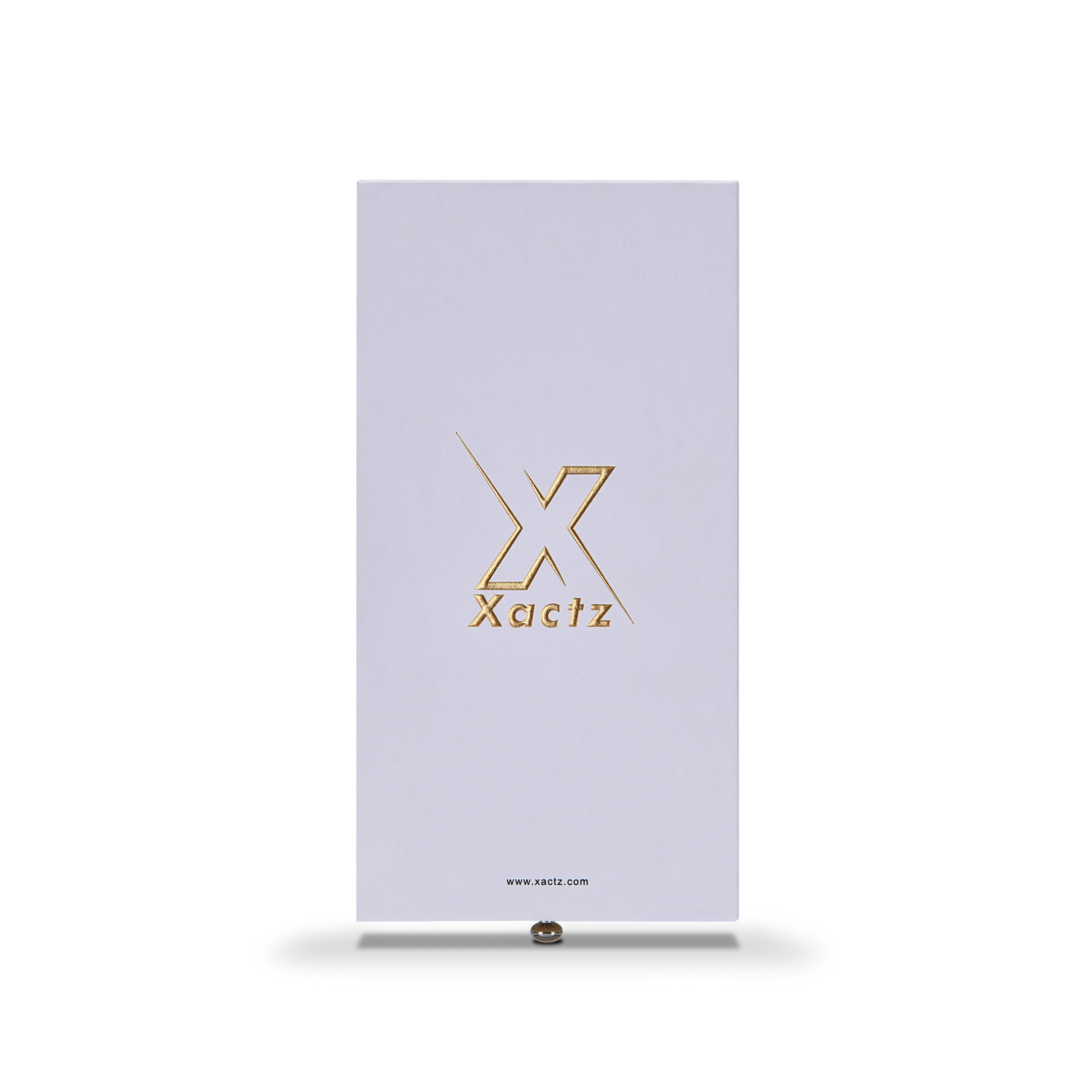 Front view of lavender-white Xactz rigid drawer box with gold foil logo and metal pull bead at base.
