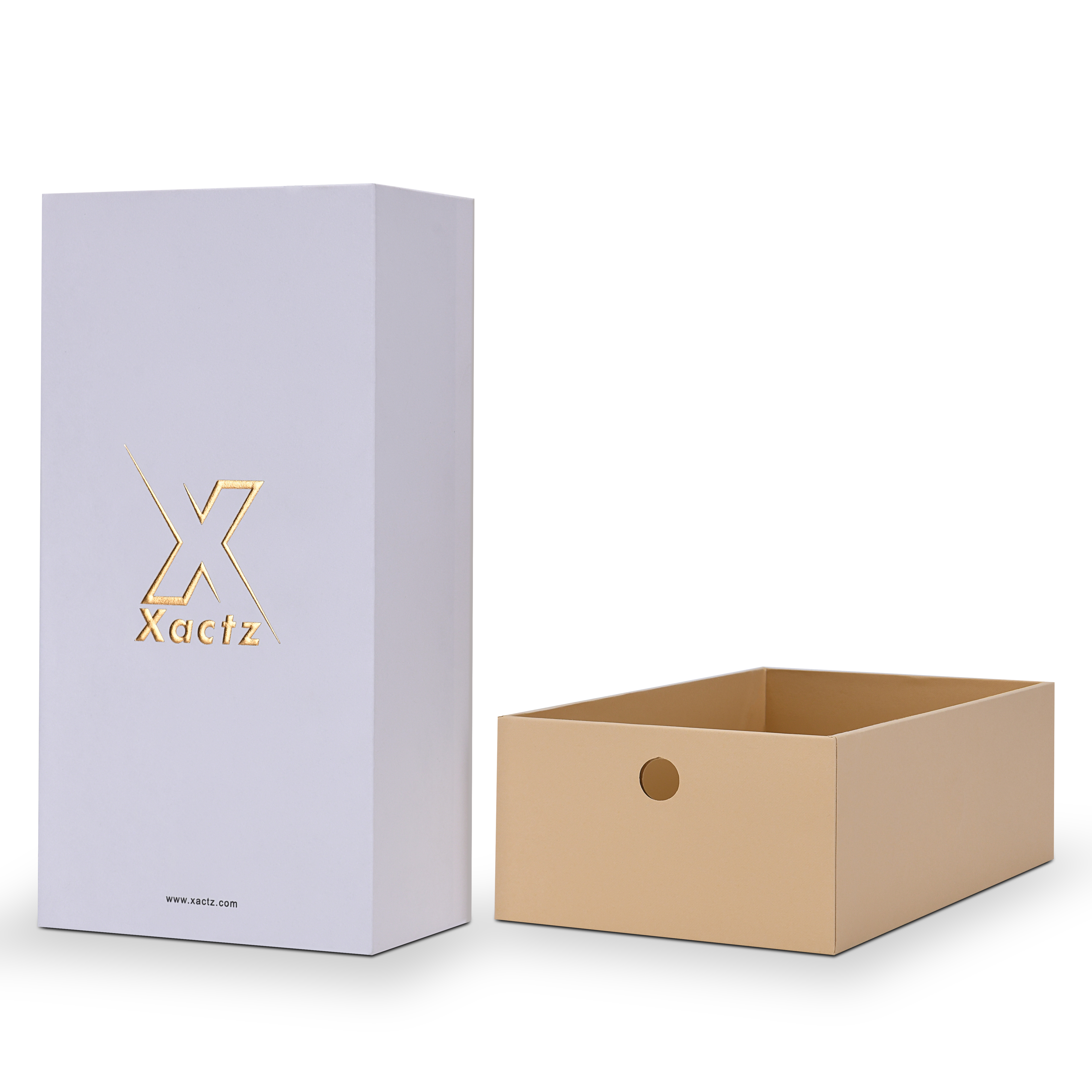 Lavender-white Xactz drawer box beside its separated warm beige inner tray, three-quarter view.