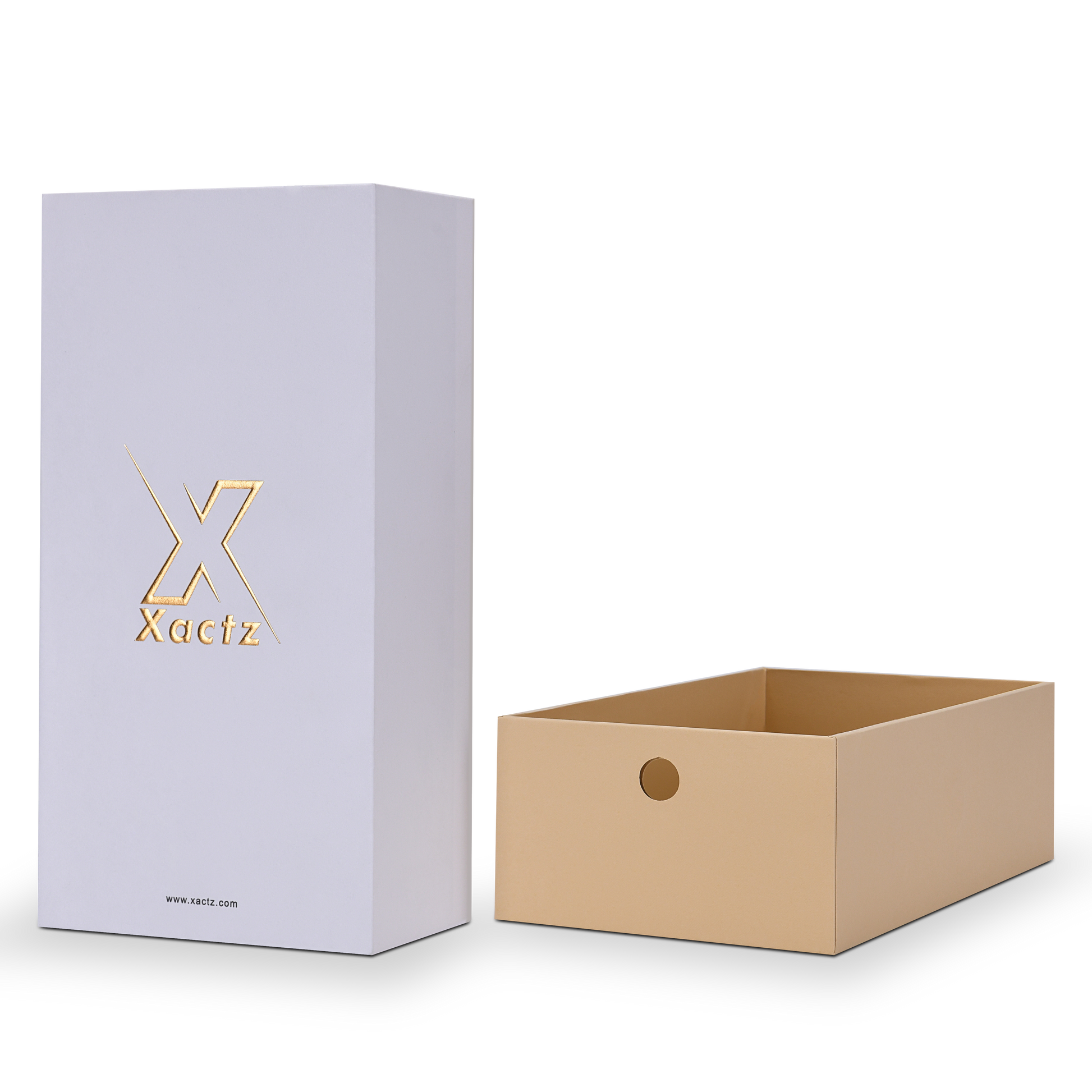 Lavender-white Xactz drawer box beside its separated warm beige inner tray, three-quarter view.