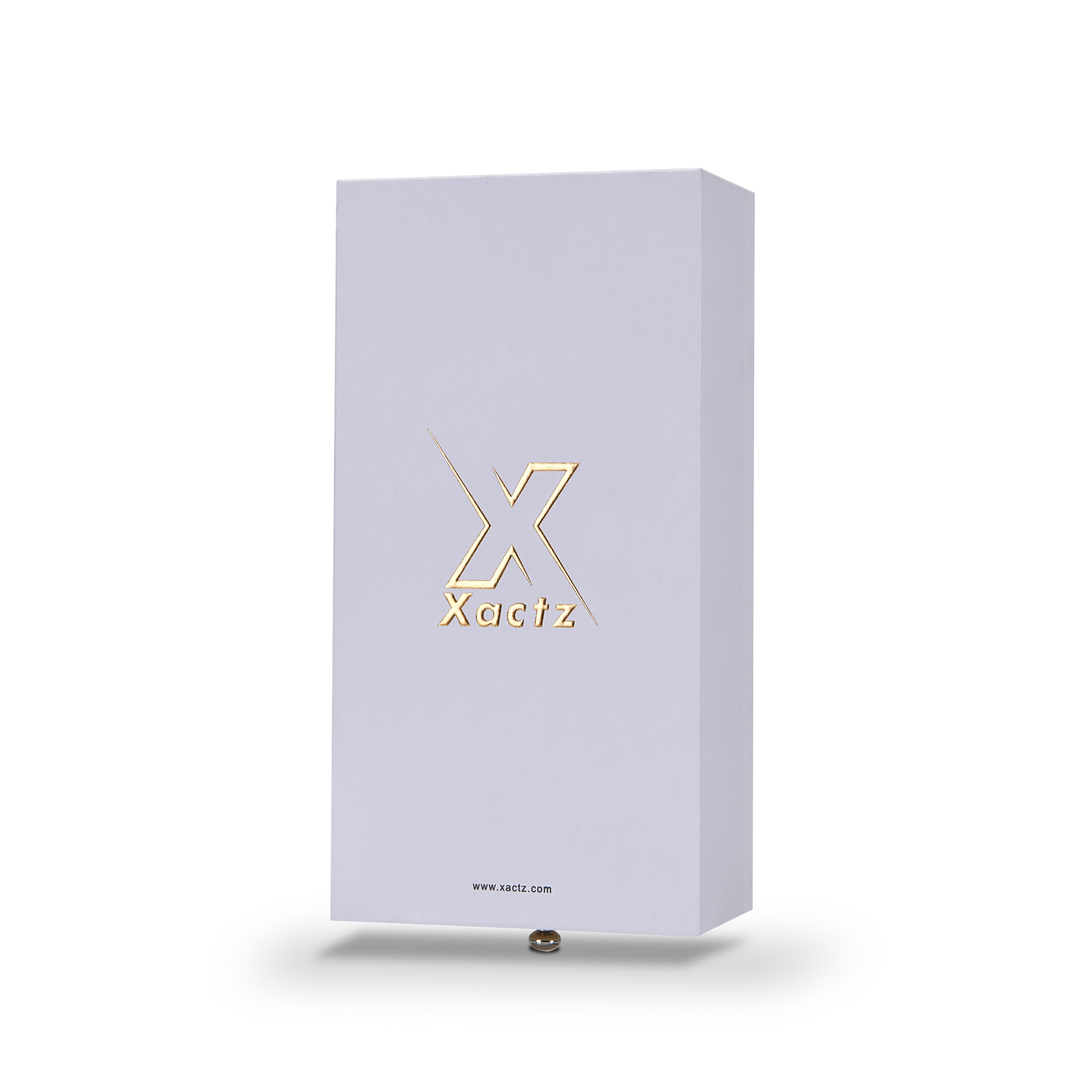 Lavender-white rigid drawer box with embossed matte gold foil Xactz logo, three-quarter angle view.