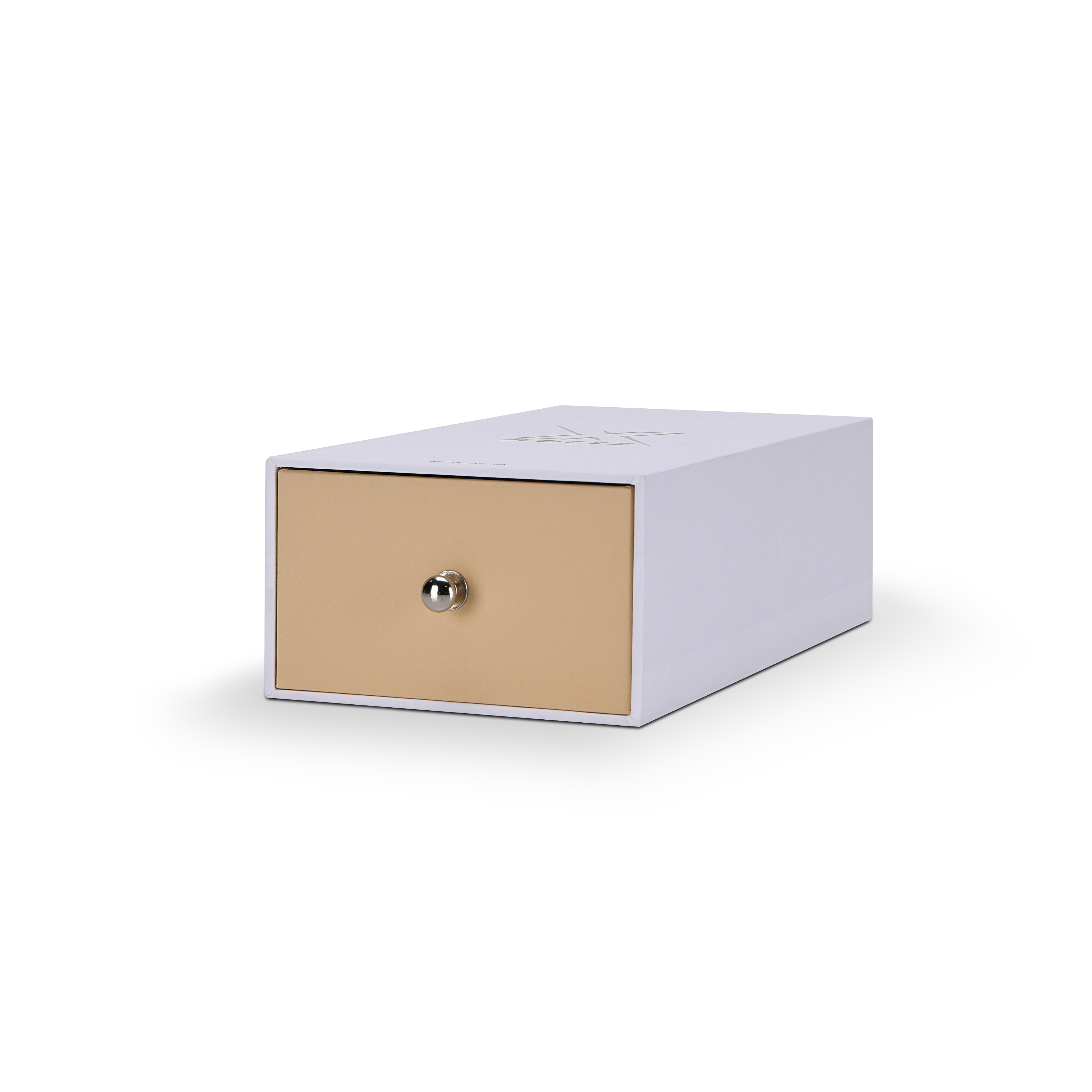 Horizontal Xactz rigid drawer box with warm beige drawer face and silver pull knob, low-angle view.