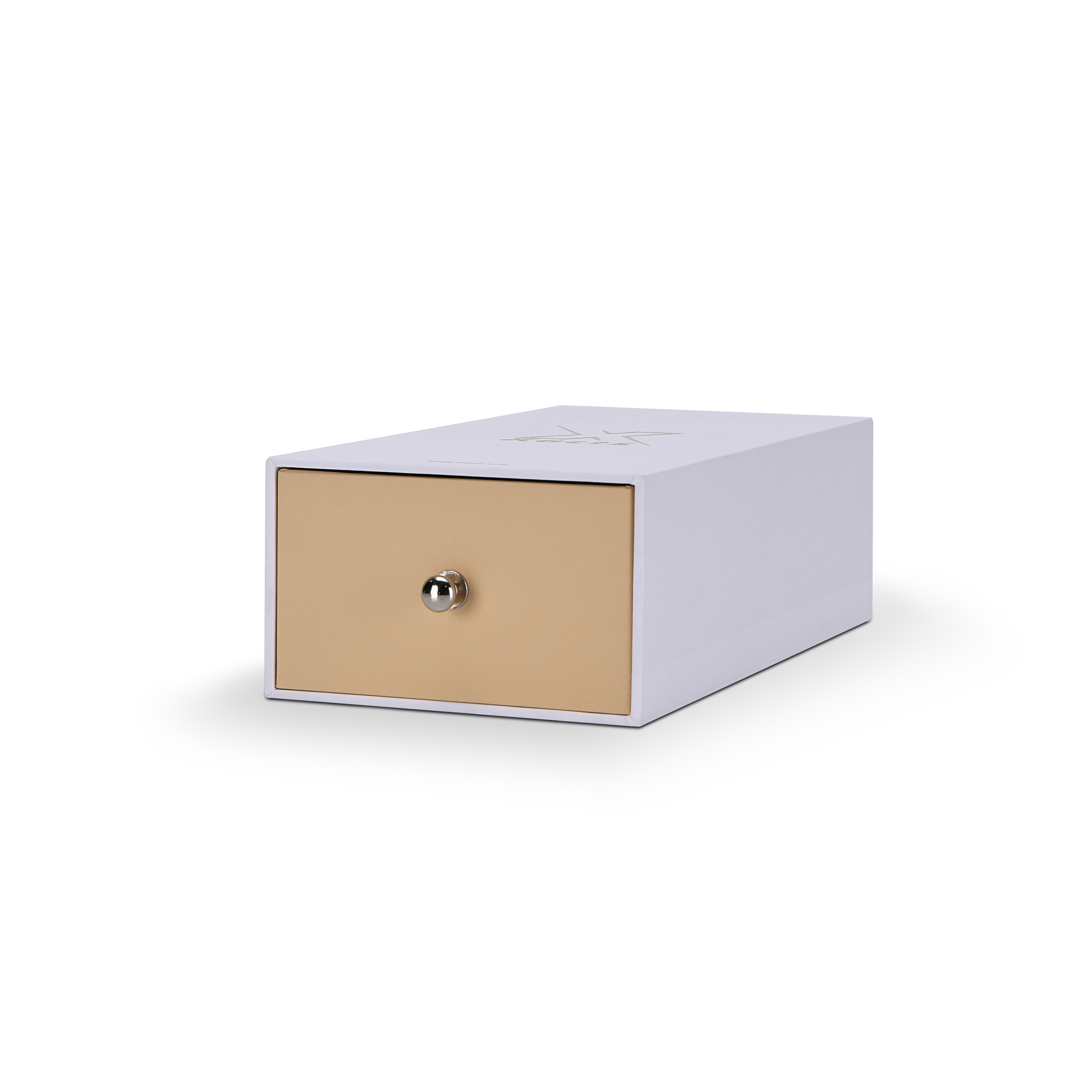 Horizontal Xactz rigid drawer box with warm beige drawer face and silver pull knob, low-angle view.