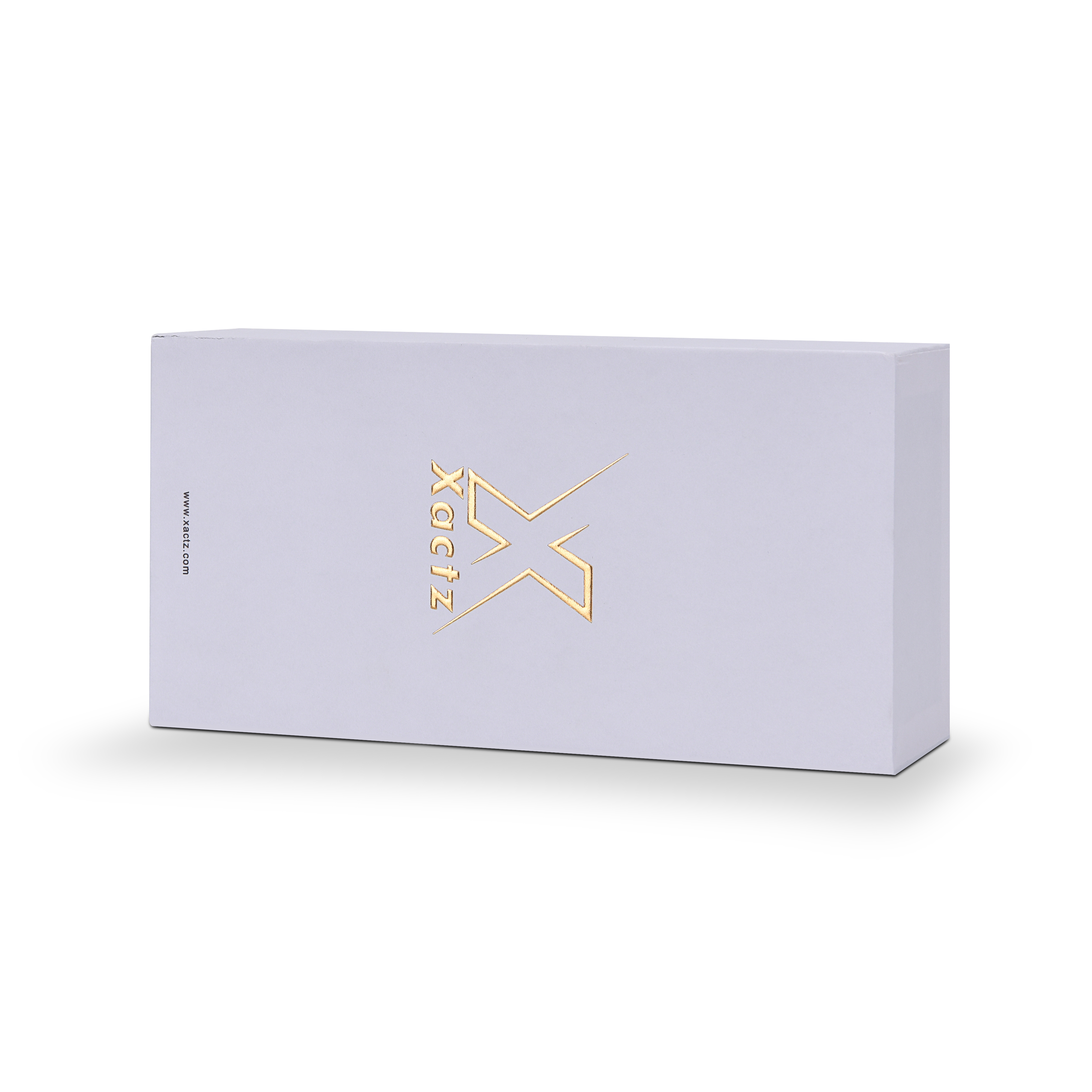 Wide horizontal Xactz lavender-white rigid drawer box with gold foil logo, three-quarter angle view.