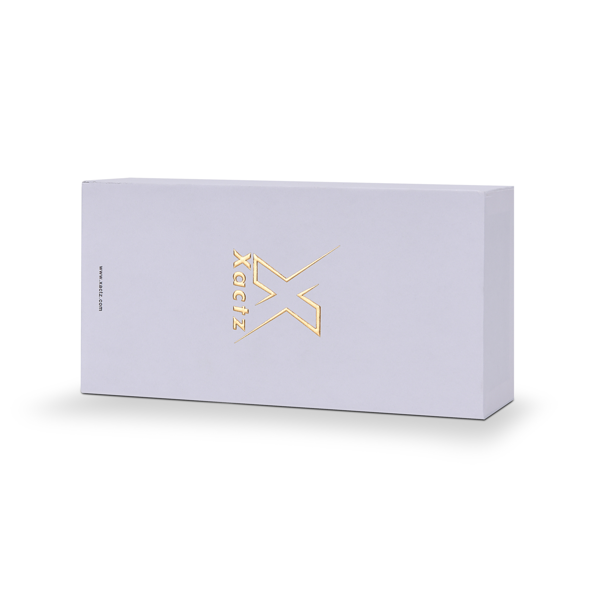 Wide horizontal Xactz lavender-white rigid drawer box with gold foil logo, three-quarter angle view.