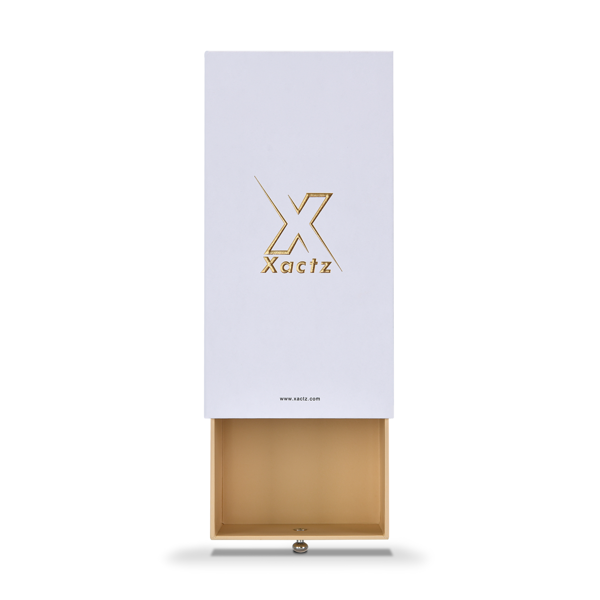 Front view of Xactz lavender-white drawer box with beige inner drawer partially pulled out from base.