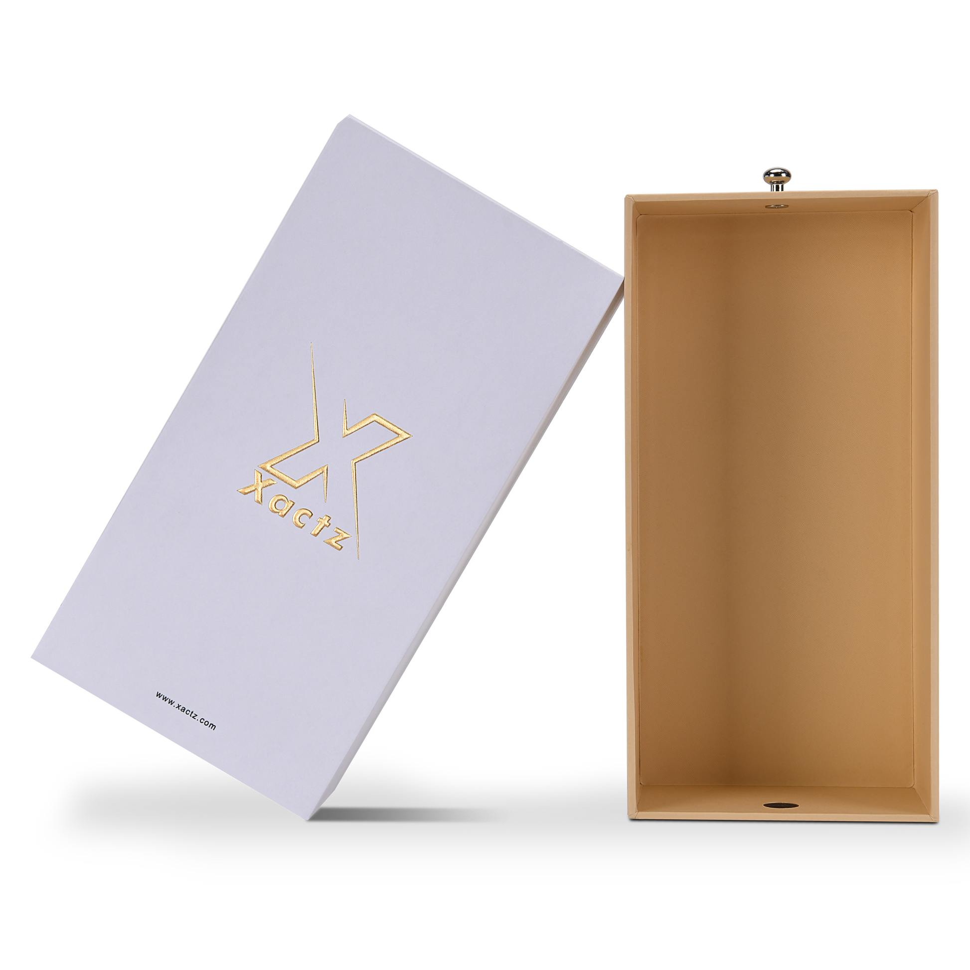 Xactz drawer box sleeve leaning at angle beside fully open warm beige inner tray, white background.