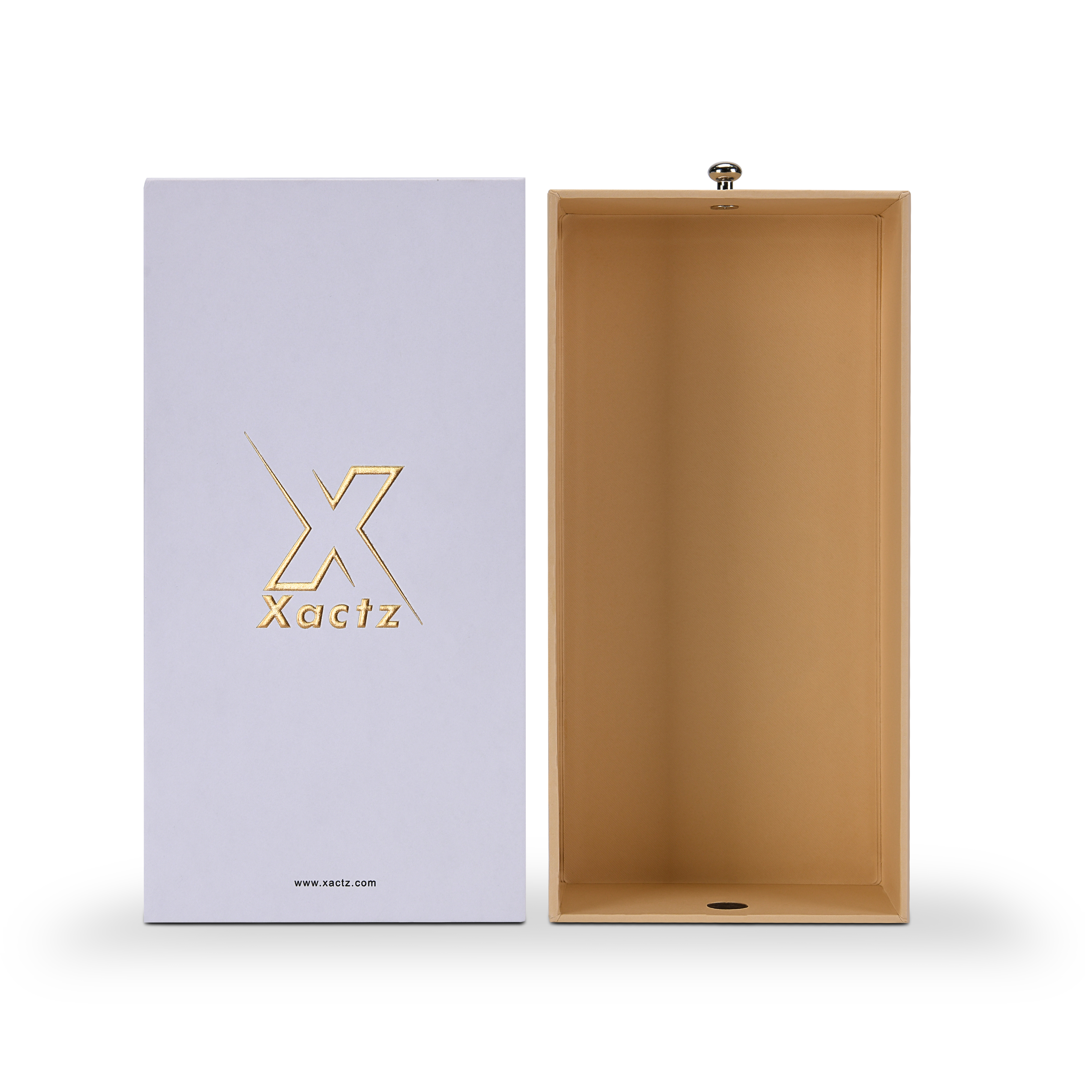 Xactz lavender-white drawer box beside open beige inner tray showing full interior depth, front view.