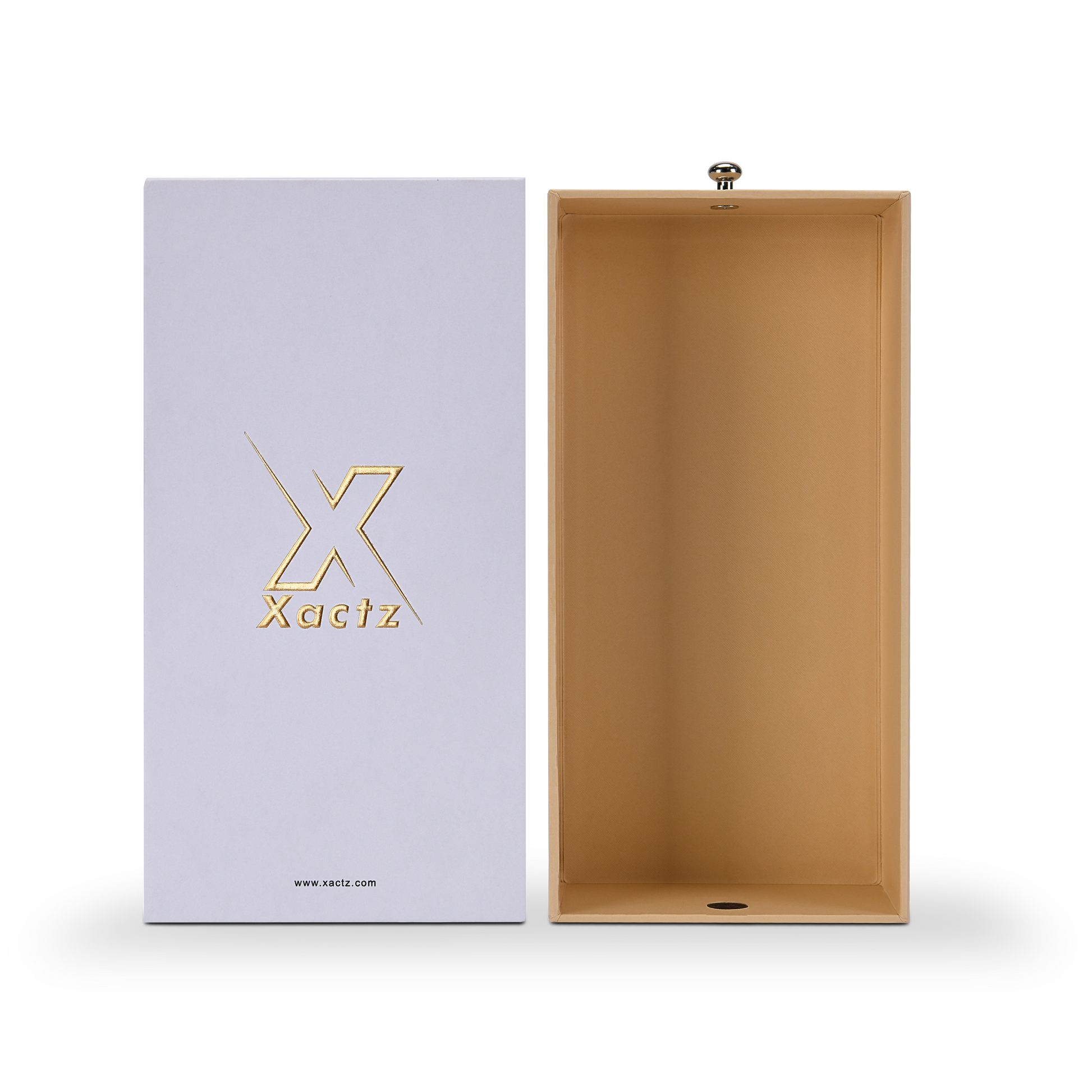 Xactz lavender-white drawer box beside open beige inner tray showing full interior depth, front view.