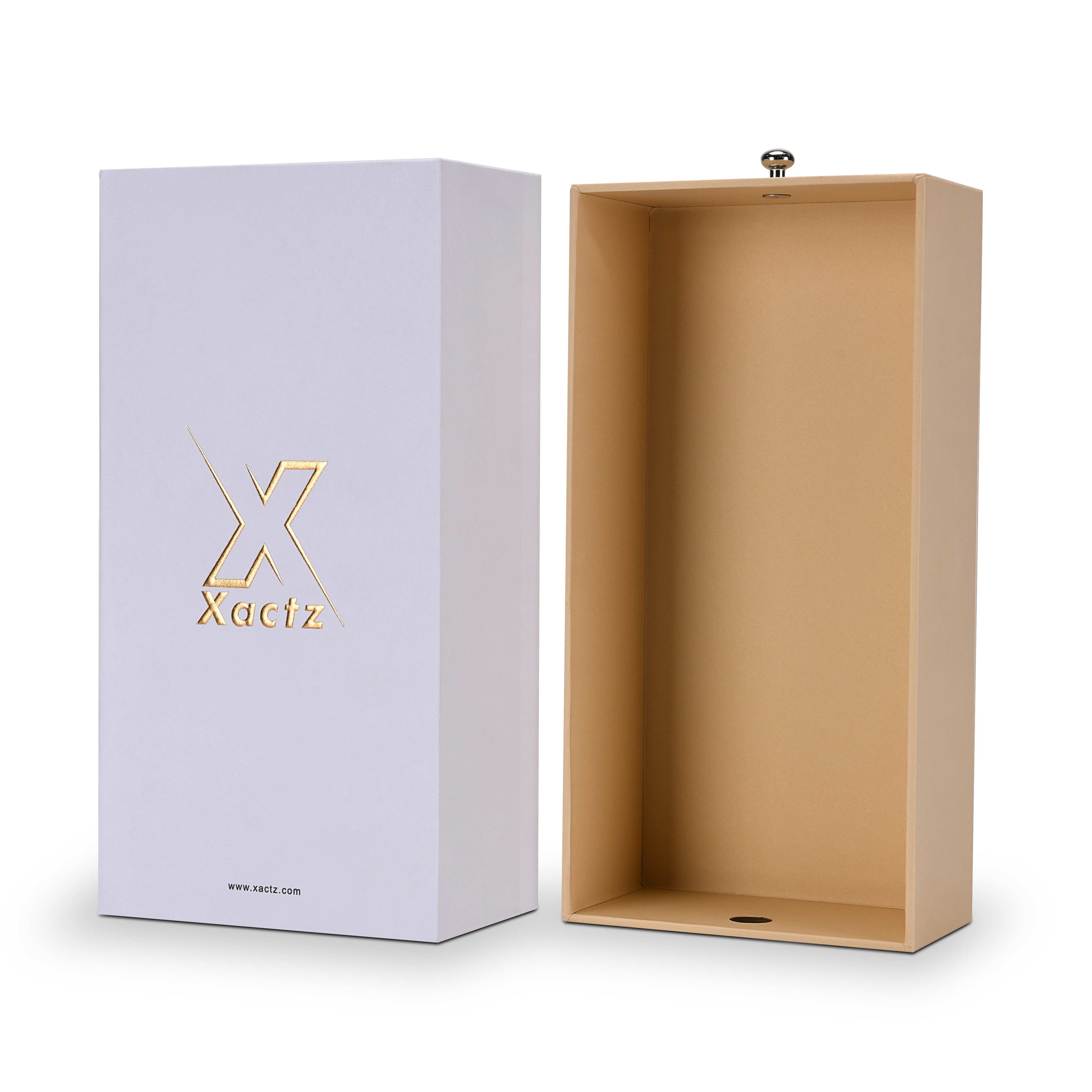 Xactz lavender-white drawer box beside open beige inner tray with gold pull knob, angled view.