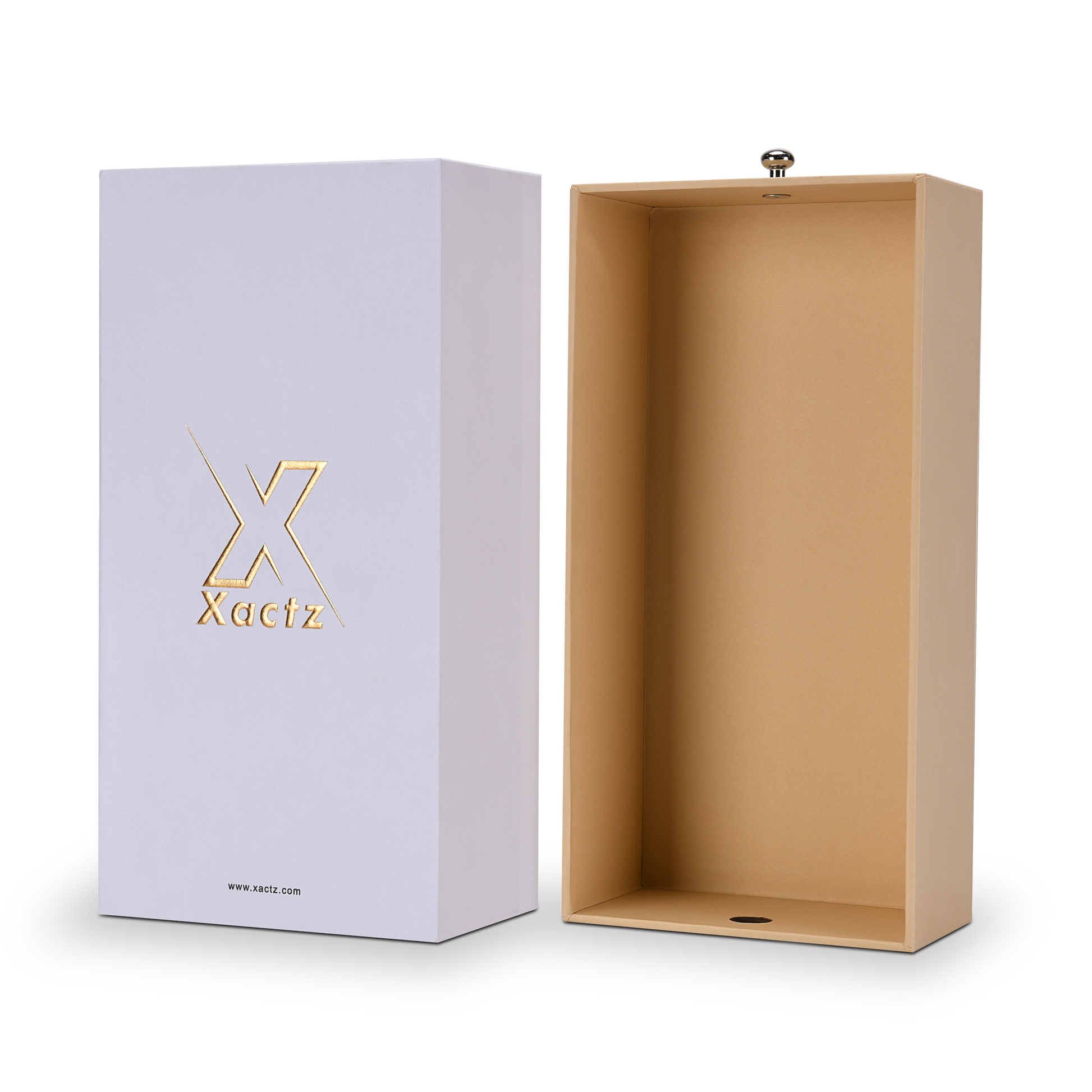 Xactz lavender-white drawer box beside open beige inner tray with gold pull knob, angled view.