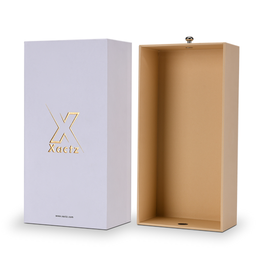 Xactz lavender-white drawer box beside open beige inner tray with gold pull knob, angled view.