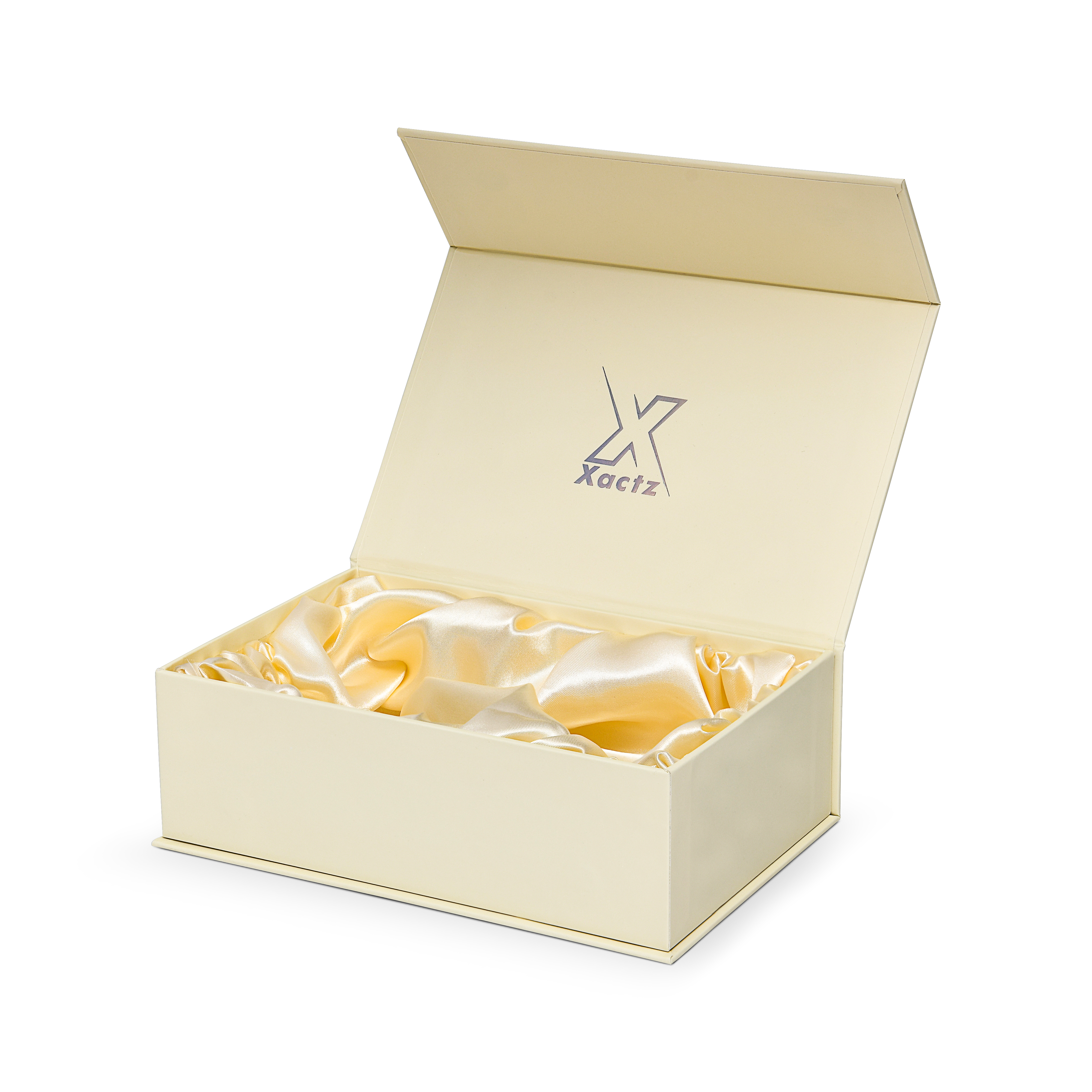 Premium Wheat Yellow Book-Style Box with Embossed Holographic Silver Foil Logo, Silk Satin Lining and Magnetic Closure