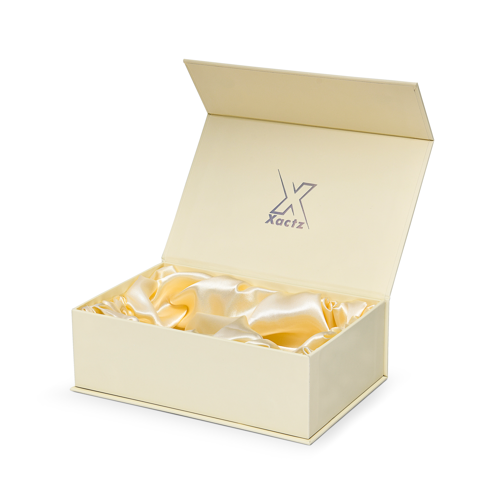 Premium Wheat Yellow Book-Style Box with Embossed Holographic Silver Foil Logo, Silk Satin Lining and Magnetic Closure