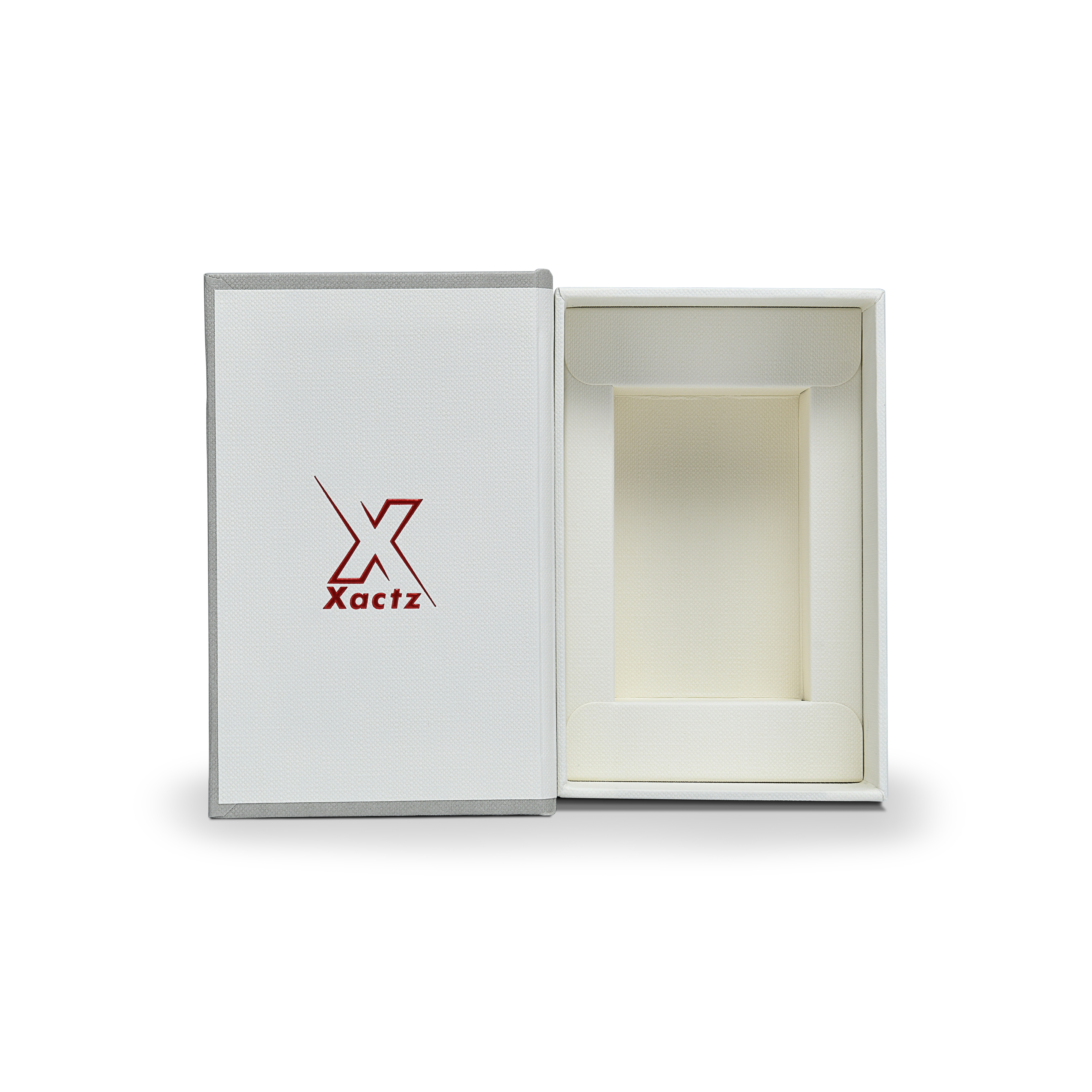 Sage Gray Beige Embossed Red Gold Foil Book-Shaped Luxury Gift Box with Debossed Border Frame and Rectangular Inner Tray