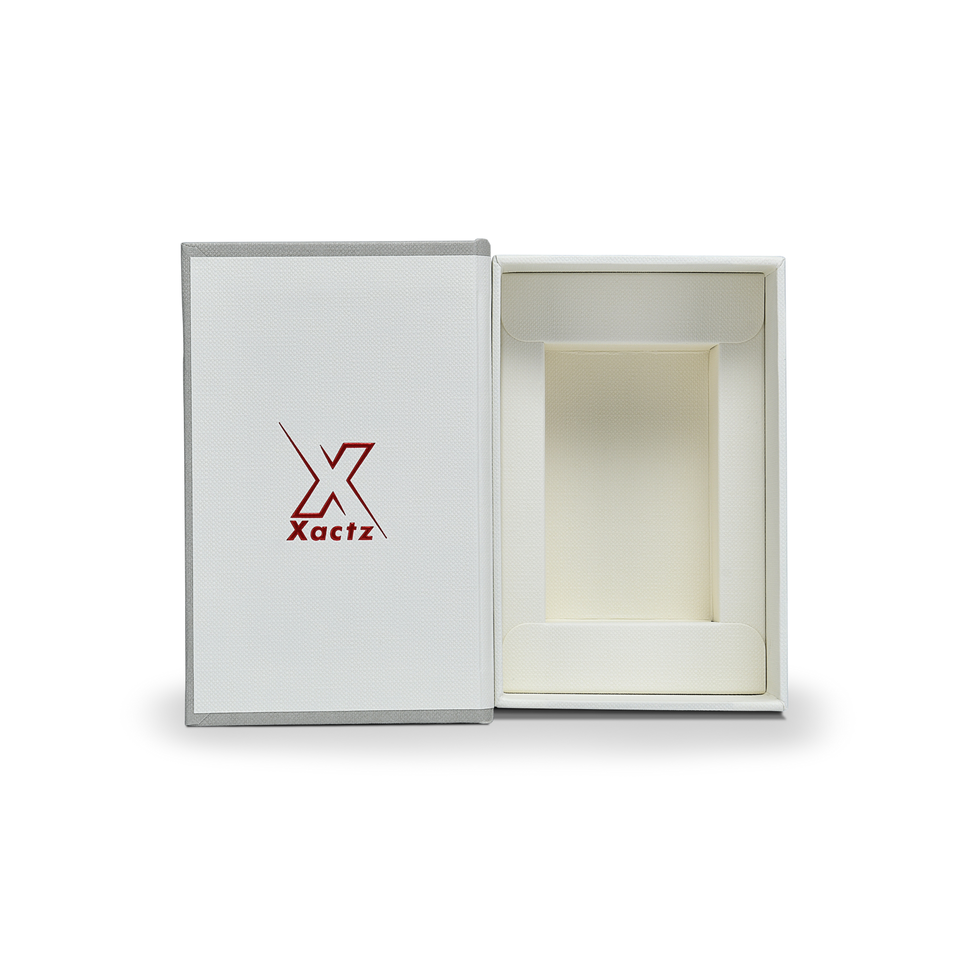 Sage Gray Beige Embossed Red Gold Foil Book-Shaped Luxury Gift Box with Debossed Border Frame and Rectangular Inner Tray