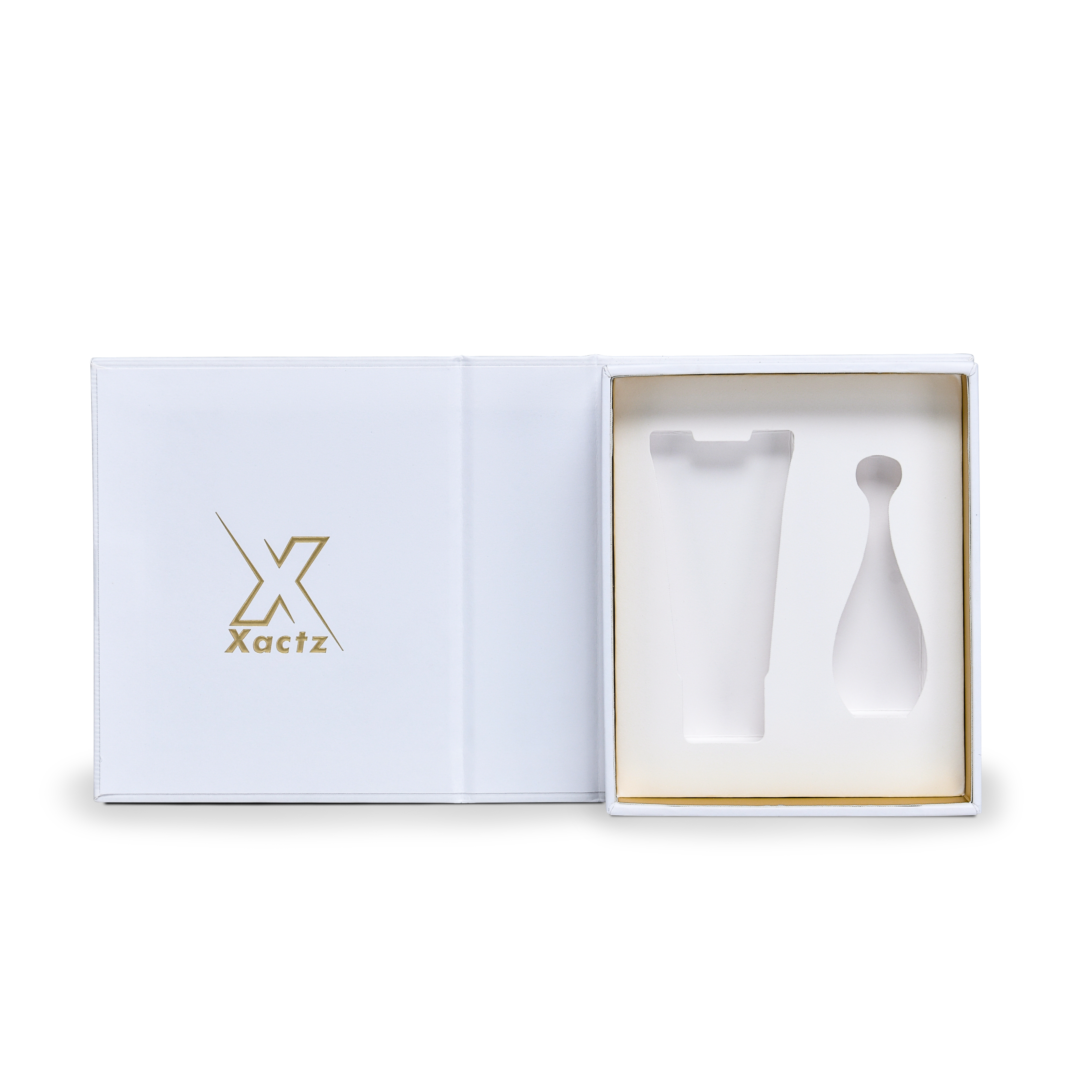 Compact Ultra White Embossed Gold Foil Book-Shaped Luxury Gift Box with Premium Kraft Paper and Custom EVA Insert for Beauty Products