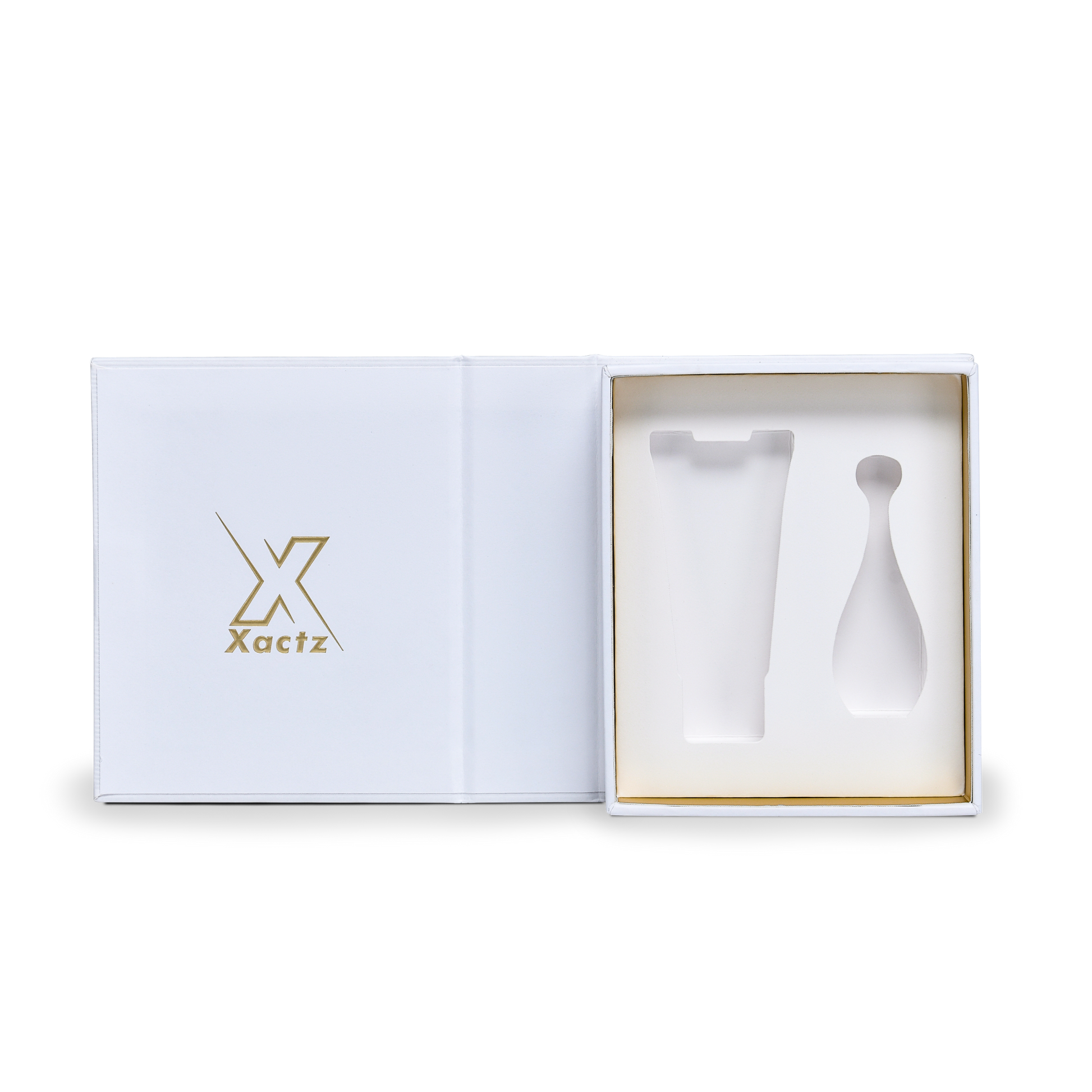 Compact Ultra White Embossed Gold Foil Book-Shaped Luxury Gift Box with Premium Kraft Paper and Custom EVA Insert for Beauty Products