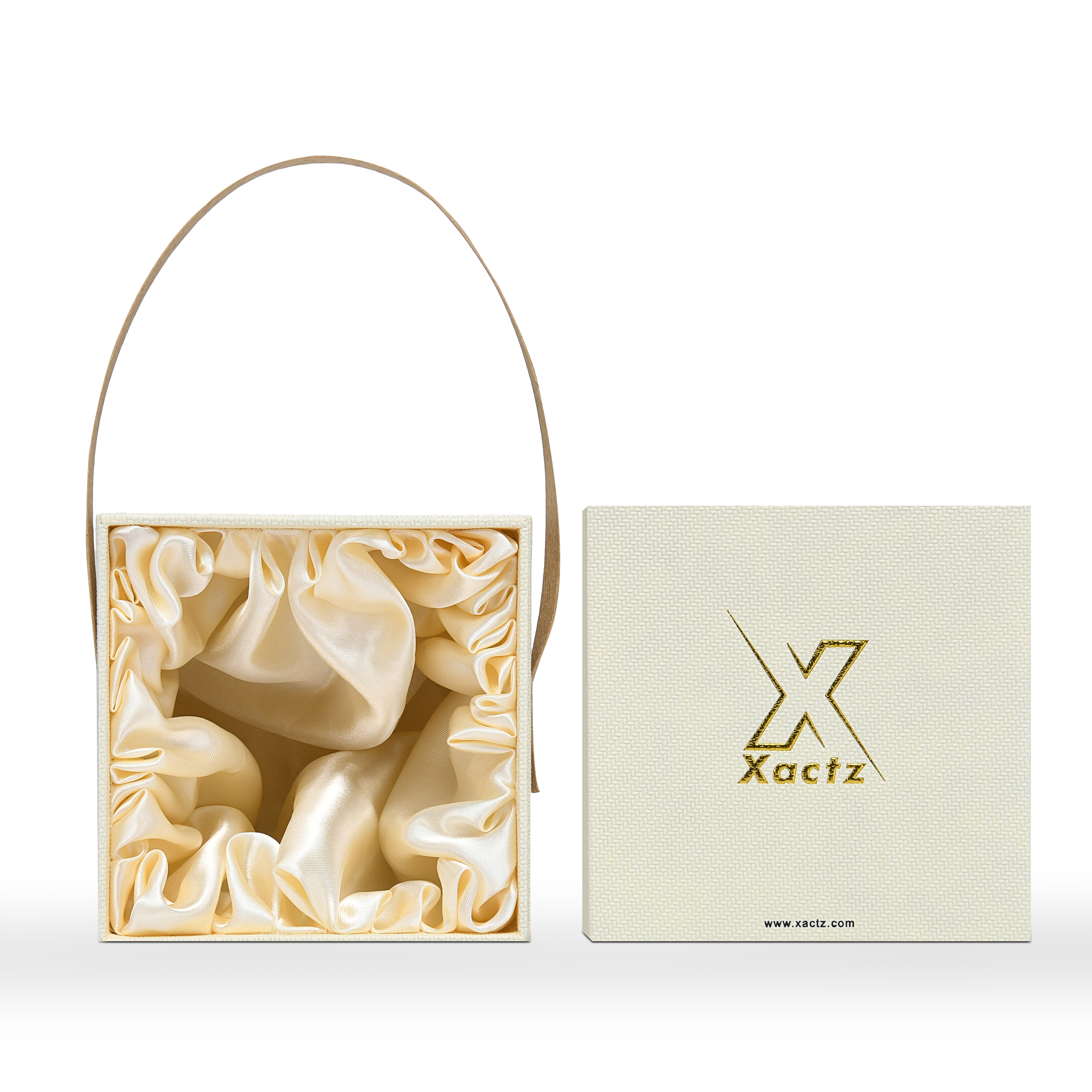 Emballage de luxe personnalisé en boîte à couvercle et base jaune blé avec poignée et doublure en satin