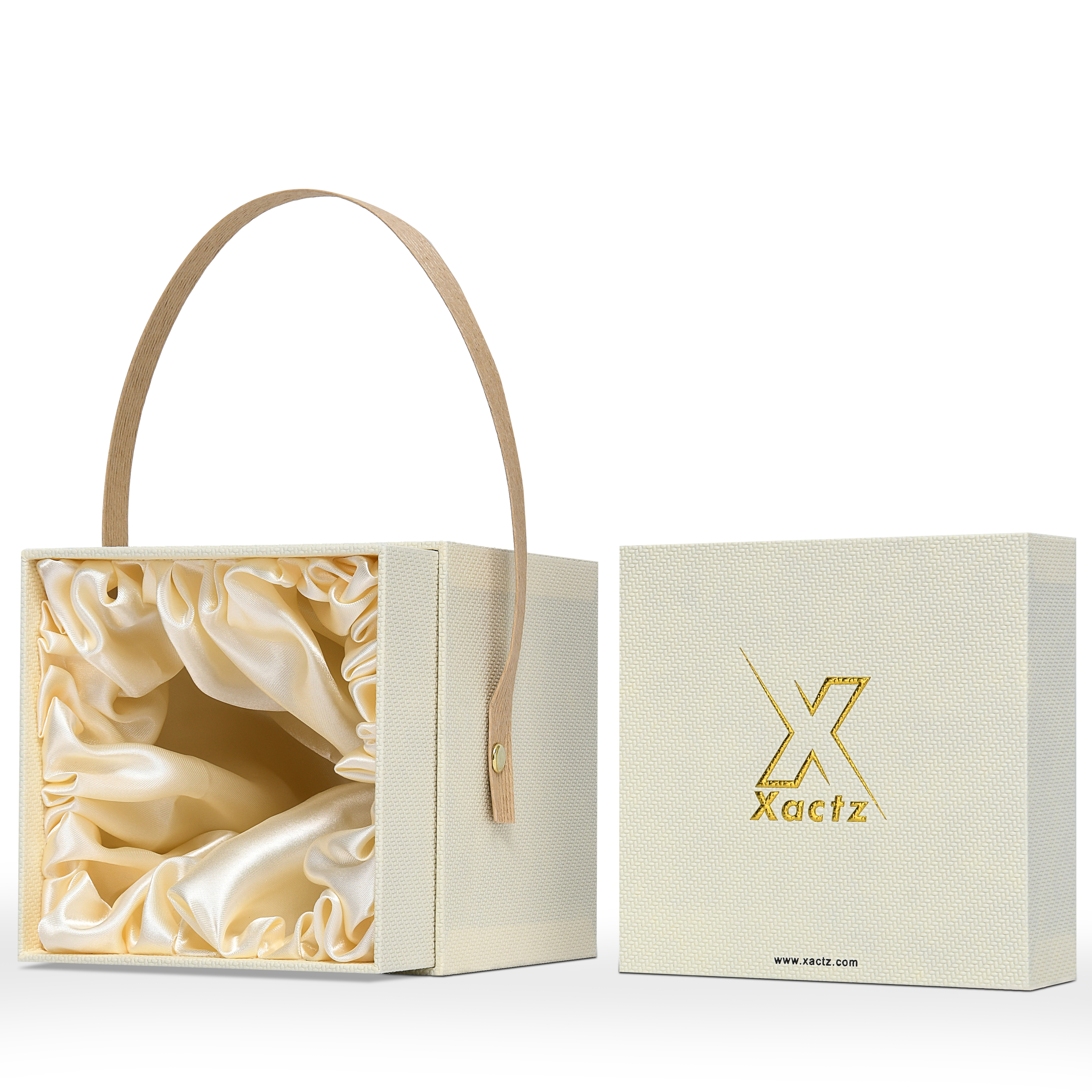 Emballage de luxe personnalisé en boîte à couvercle et base jaune blé avec poignée et doublure en satin
