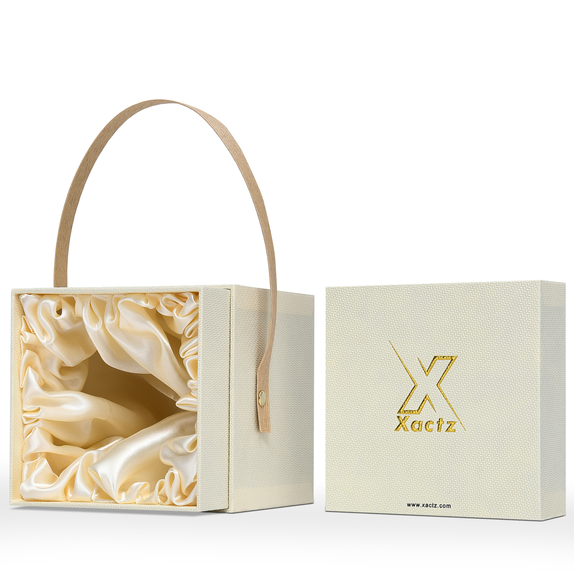 Emballage de luxe personnalisé en boîte à couvercle et base jaune blé avec poignée et doublure en satin